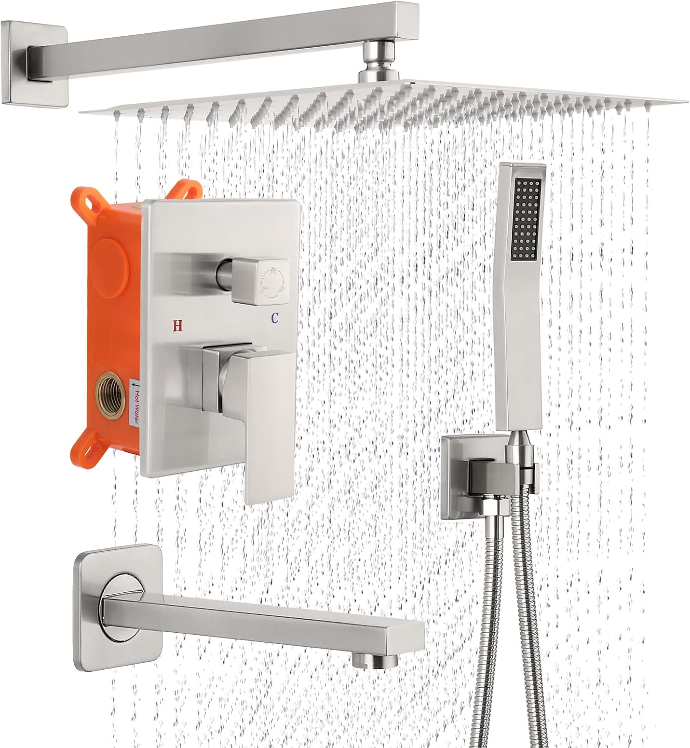 POPFLY 3-Function Shower Faucet Set – 10 Inch Rainfall Shower Head, Handheld Spray & Tub Spout, Brushed Nickel Wall Mounted Bathroom System with Solid Brass Valve & Trim Kit