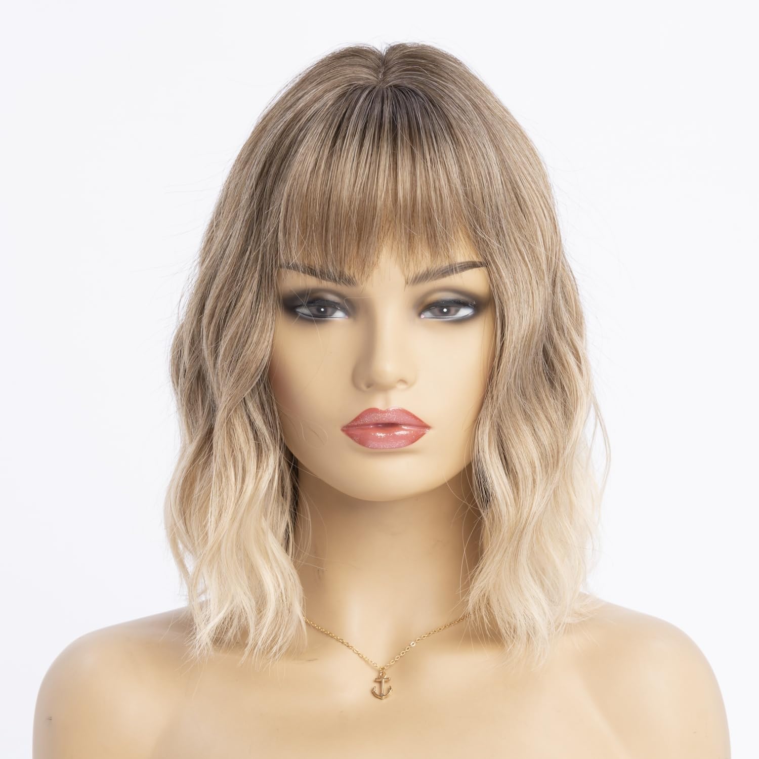 SIMKAYLEE Kurze Perücke Wellig Blond Ombre mit Stirnfransen | Schulterlang, Bob-Stil mit Pony, Für Alltag Party Karneval Fasching , 30cm