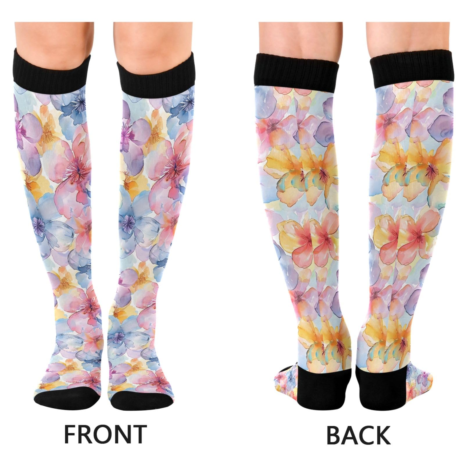 ALAZA Athletic Compression Socks Knee High Socks Stockings for Women Watercolored Flower Running Circulation Sport Football
