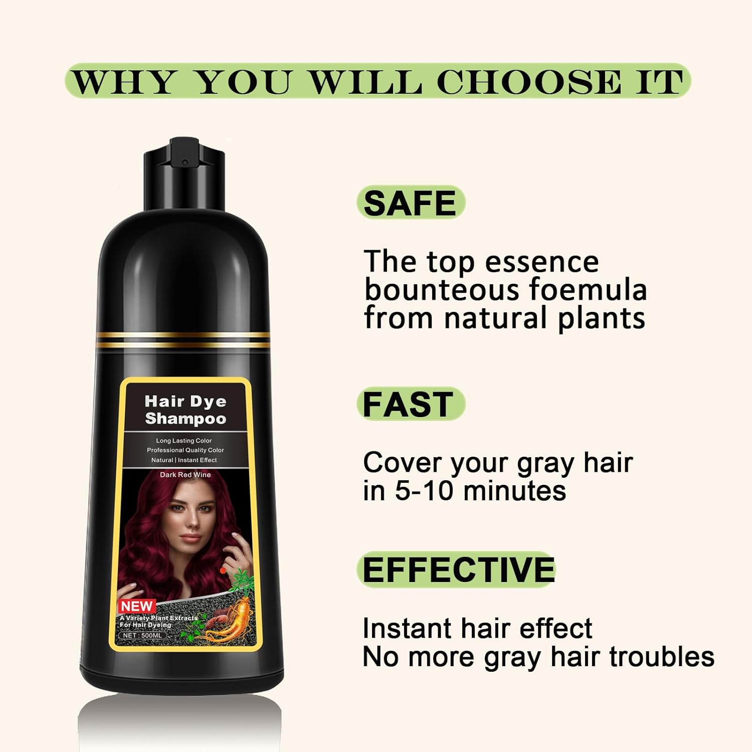 Instant Dark Wine Red Hair Dye Shampoo 3 in 1 for Gray Hair, Natural Hair Color Shampoo for Men & Women, 17.6 FL OZ Herbal Red Hair Shampoo & Red Hair Dye Colors in Minutes - Image 3