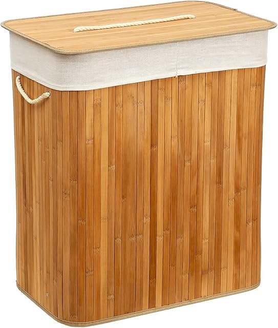 FunkyBuys Bamboo Laundry Basket Foldable Hamper with Removable Washable Lining laundry Small Laundry Bins Laundry Hamper with Lid Bamboo Laundry Storage Basket Laundry Bag (Natural, Rectangular)
