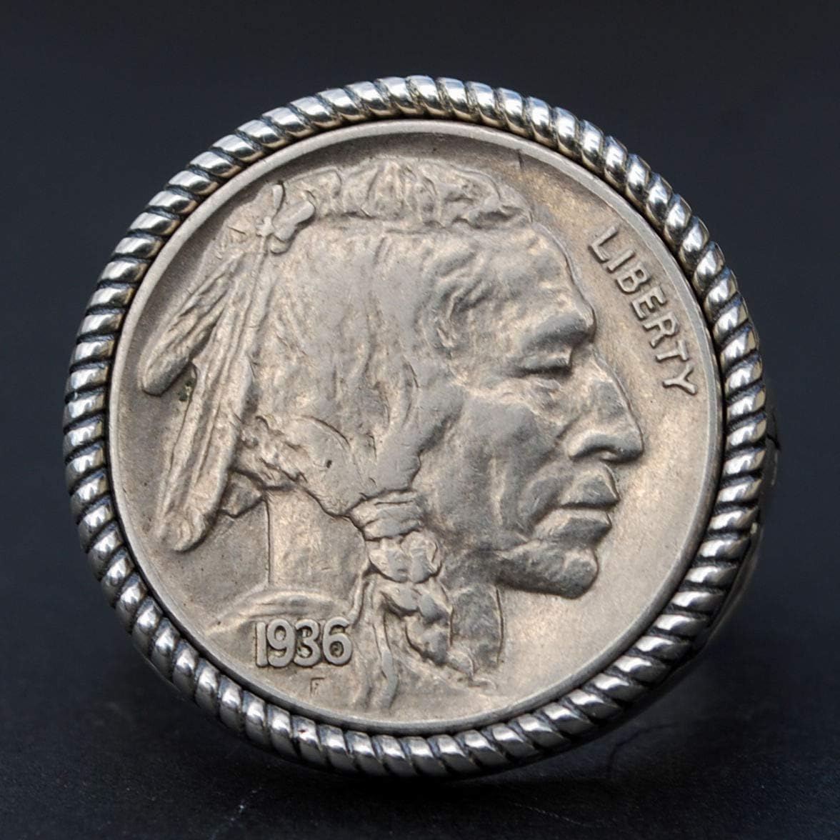 US 1936 Indian Head Buffalo Nickel AU Coin 925 Sterling Silver Signet Ring NEW - Buffalo Skull Design - Size US 9