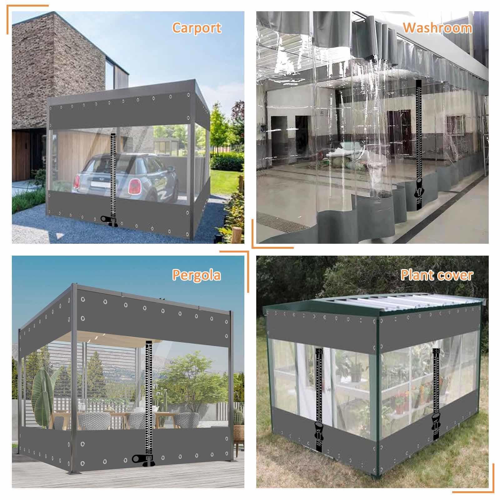 Pergola Plane Seitenteile, 2/3/4/5m, Kunststoff-Windschutzplane Mit Reißverschluss, PVC-Transparent Plane Mit Ösen, wasserdichte 0.3mm Vinyl-Gardinen,Grey-4x2m/13.1x6.6ft