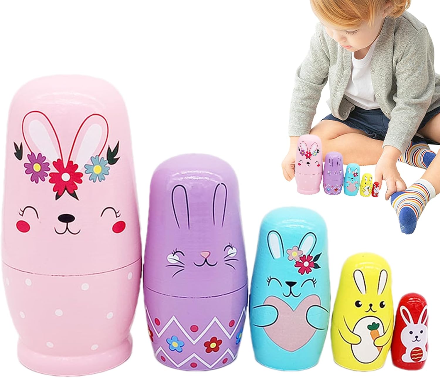Rabbits Nesting Dolls – Wood | Russian Nesting Doll | Rabbit Wooden NES-ting Doll Handmade Cartoon Stacking Dolls for Kids Educational Stacking Playsets Boys Girls Cartoon Home Decoration Ornament