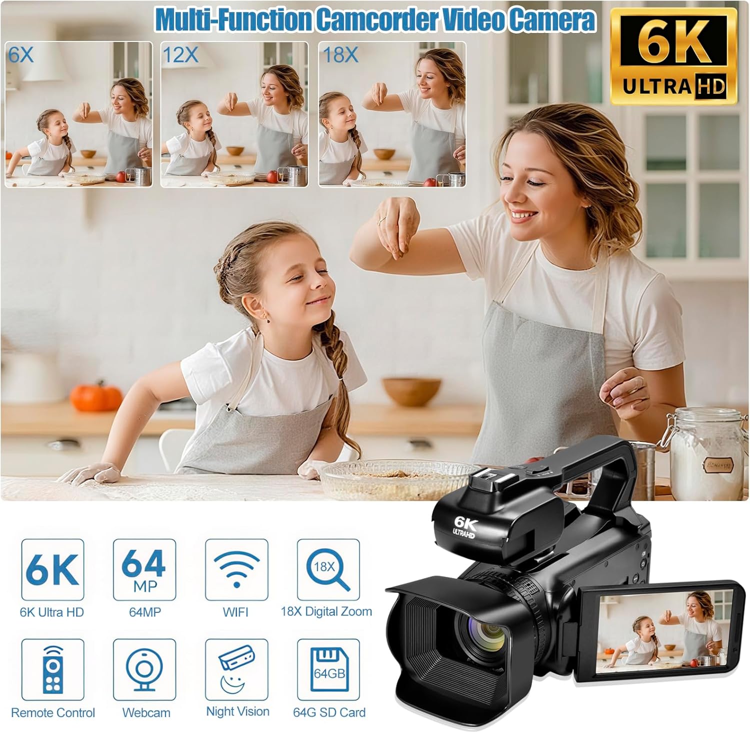 6K UHD Camcorder Video Camera with WIFI, 64MP IR Night Vision Vlogging Camera for YouTube 18X Digital Zoom 4.0" Touch Screen Digital Camera with Mic,Battery,Stabilizer, Remote Control and 64GB SD Card