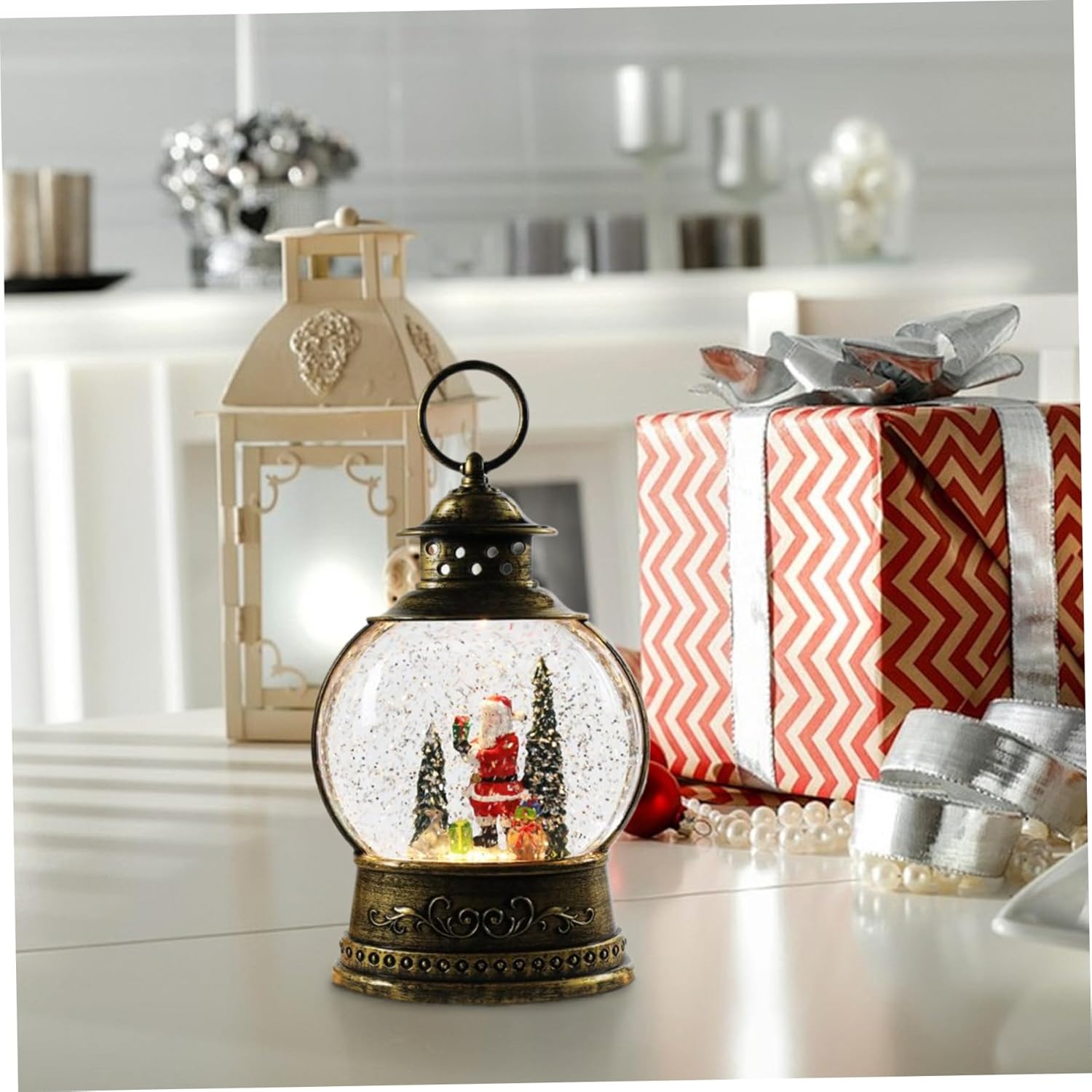 Christmas Snow Globes Light Up Santa Snow Globe with Handle & Music Battery/USB Powered Christmas Music Box for Home, Party, Gifts