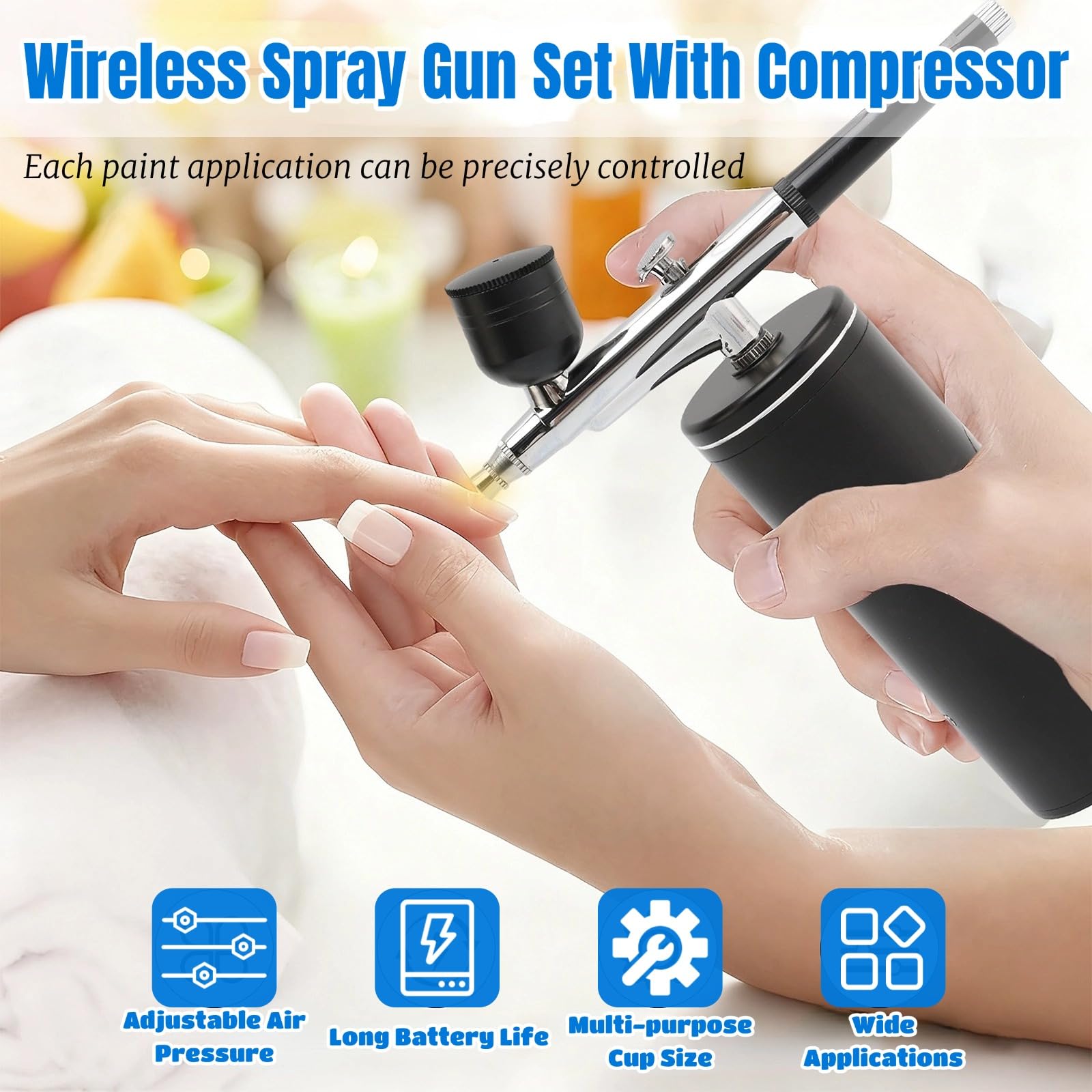 Kit per aerografo con compressore d'aria senza fili, con spazzola per la pulizia, per pittura, nail art, trucco, modellazione, decorazione torte, nail art