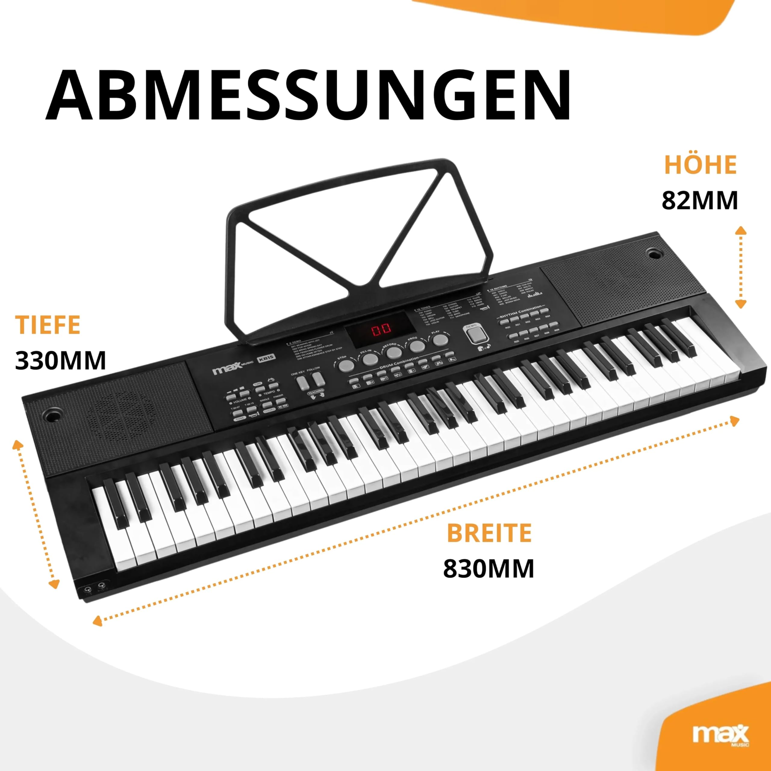 MAX KB15 - Keyboard Piano mit 61 Tasten, E Piano mit Mikrofon und Lautsprecher, LCD Display, 6 Demosongs, Klavier Keyboard für Anfänger, Lern-Funktion, 26 Klangarten, 8 Percussion, USB-C