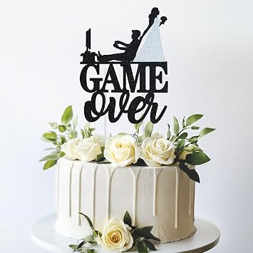 Game Over Wedding Cake Topper Funny Groom & Bride Video Game Theme Cake Decoration, Black & Silver Glitter Gamer Cake Topper for Wedding, Engagement, Anniversary, Bridal Shower Party Supplies C