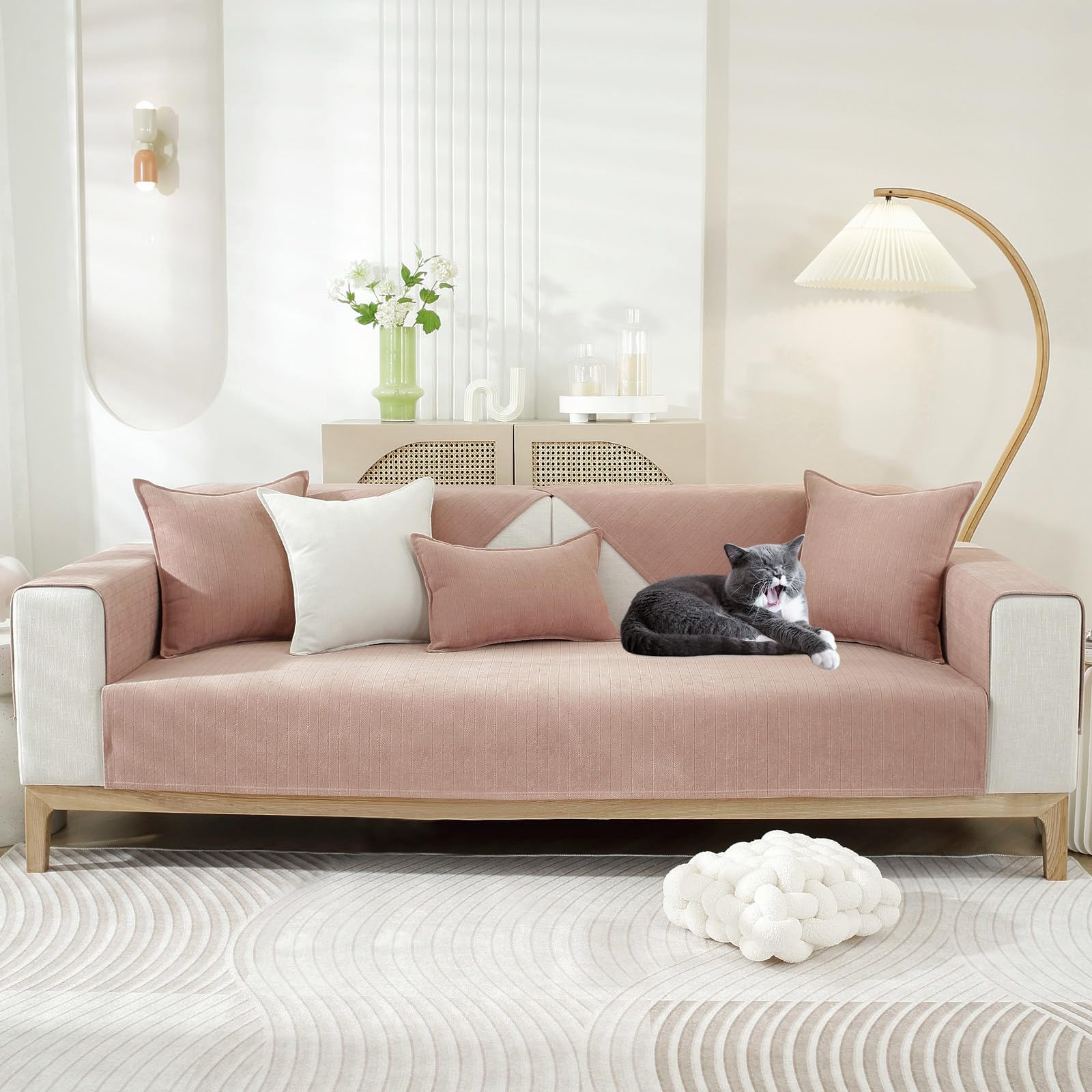 OKYUK Sofa Cover 1 2 3 Seater Herringbone Chenille Fabric Furniture Protector, Non Slip Sofa Slipcovers for Corner L Shape, Cosy Solid Colour Non-Slip Couch Cover for Pets Kids(Pink,110x110cm) — image 1
