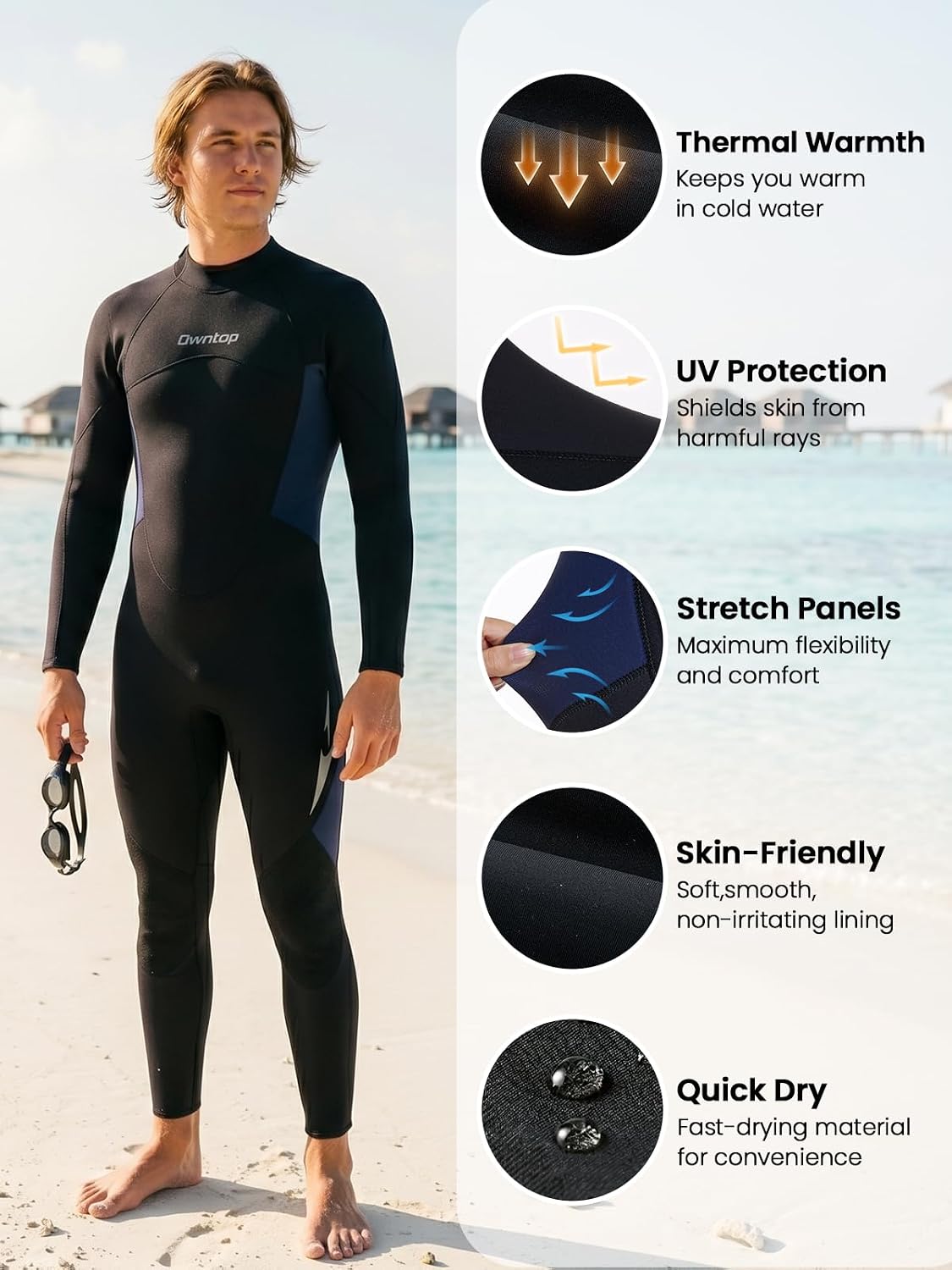 Owntop 4mm Wetsuit for Men, GBS Seam, Warm High Stretch Neoprene | Cold Water Wet Suit for Diving Surfing Snorkeling, Back Zipper