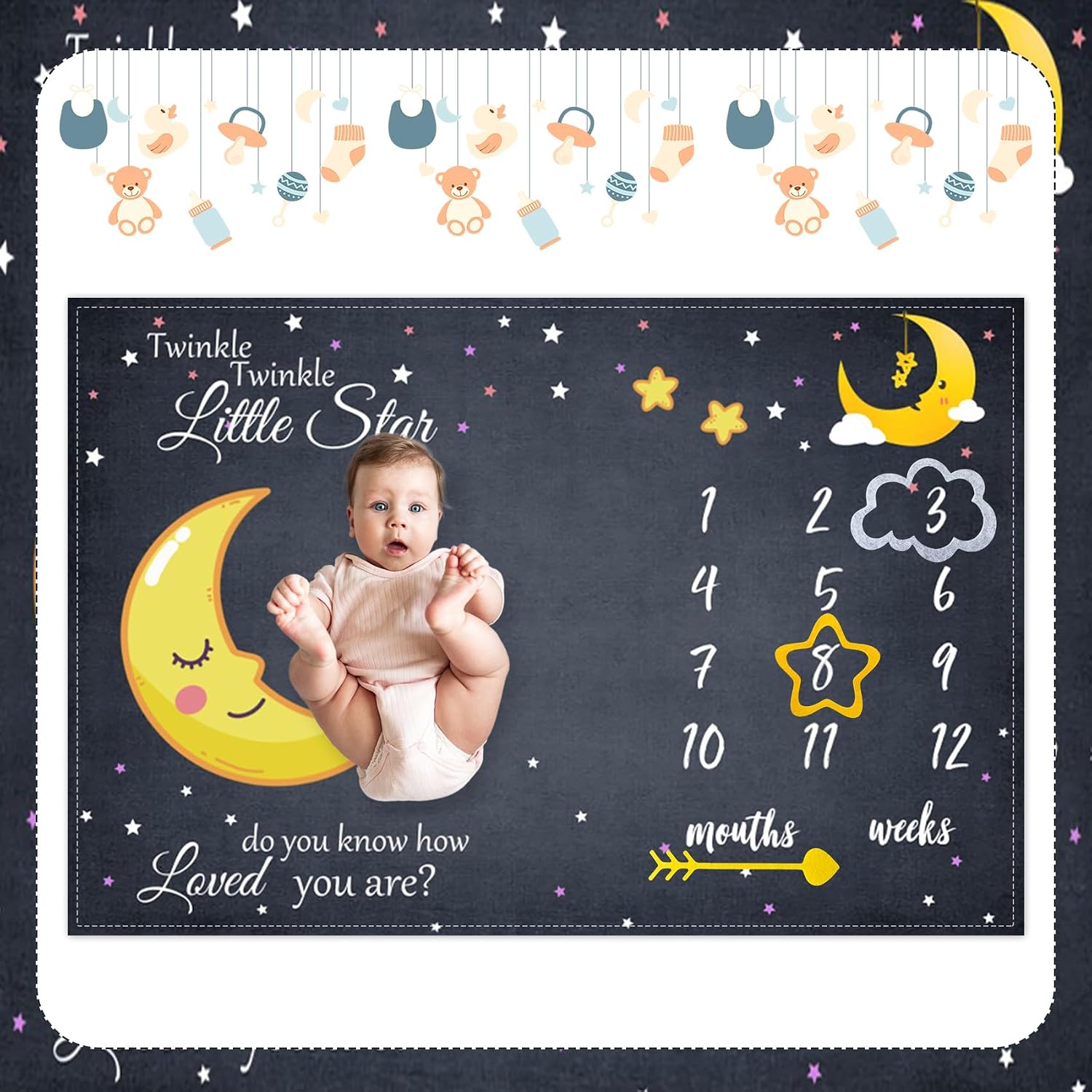 Baby Milestone Blanket 60''x40'' Starry Sky Newborn Month Blanket Star and Moon Newborn Photography Background Prop for Boy & Girl Personalized Shower Present with Frame