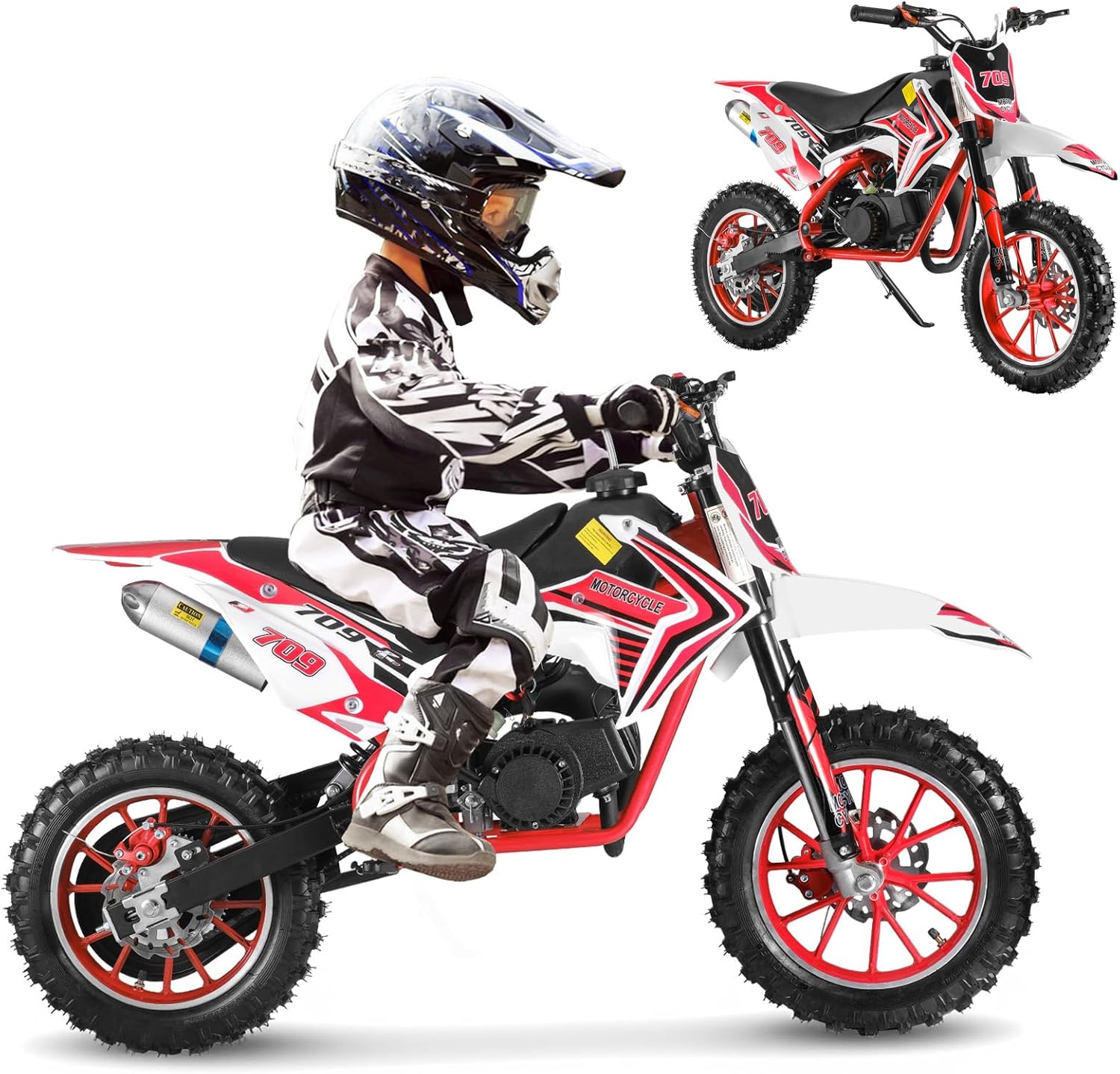 STARTS RIGHT UP | 50CC Kids Gas Dirt Bike 2-Stroke | Gas Powered Mini Dirtbike | Speeds up to 40MPH | Gasoline Motorcycles for Kids Toddler | Front Rear Disc Brakes | Ideal Gifts for Children Red