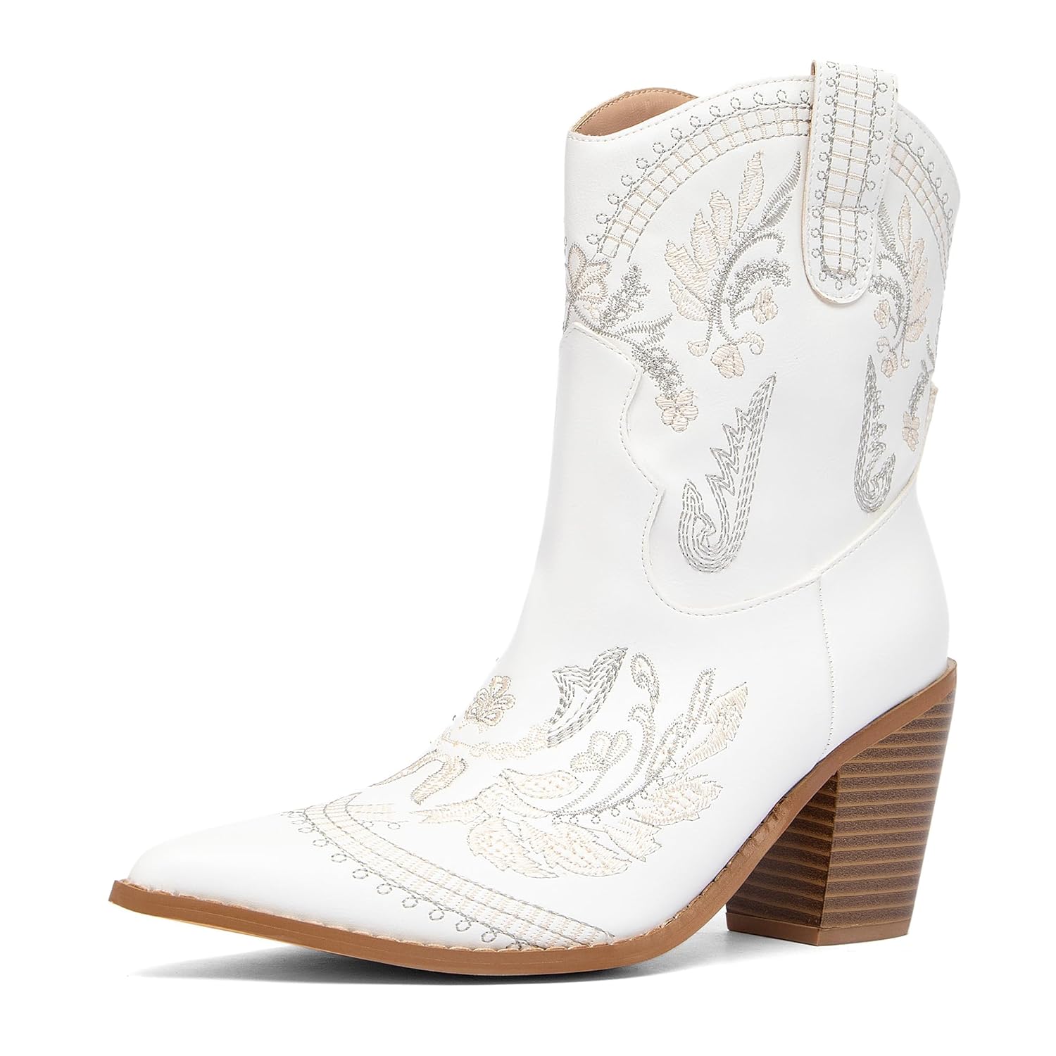 NEWBELLA Womens Cowgirl Ankle Boots - Western Embroidered Pointed Toe Cutout Booties with Chunky Heel for Country Fashion