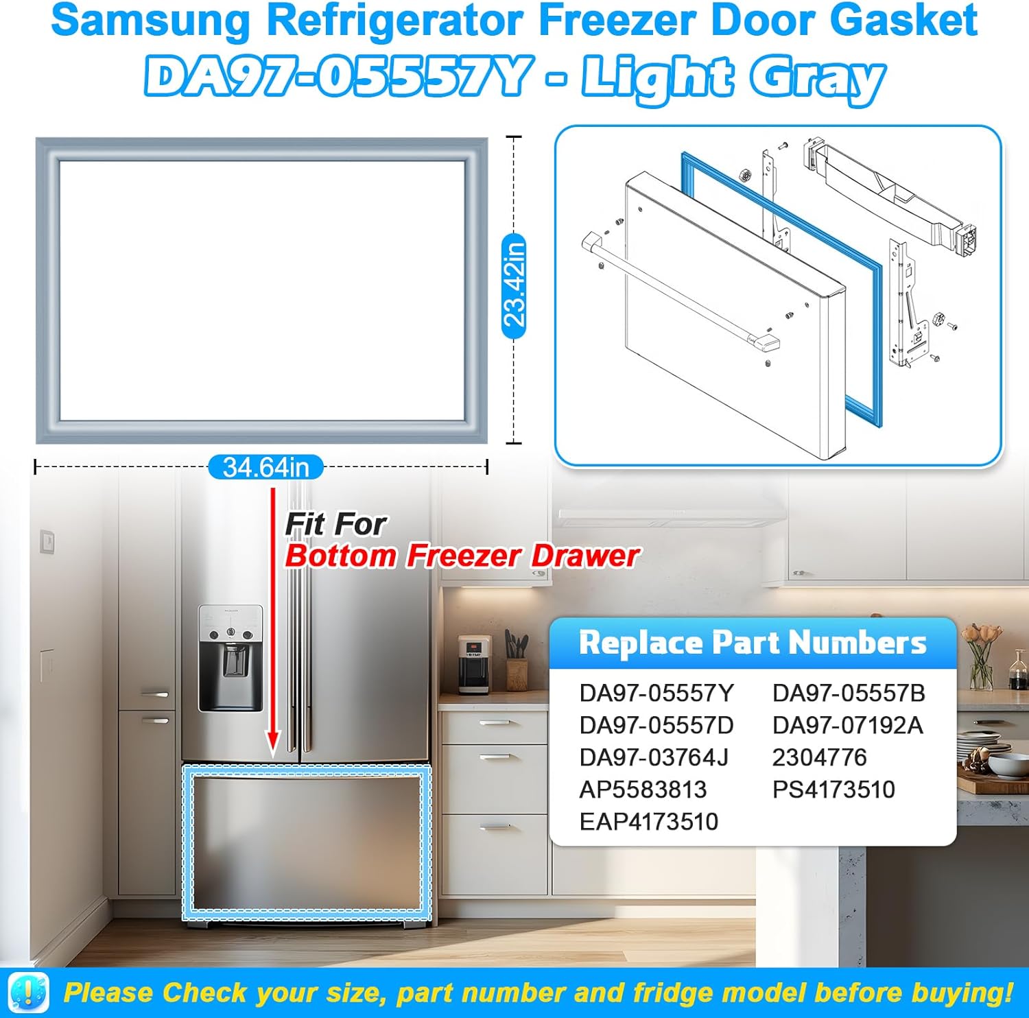 Upgraded DA97-05557Y Refrigerator Freezer Door Gasket Compatible with Samsung Refrigerator Door Gasket Replacement, Light Gray 34.64"x23.42" DA97-05557B DA97-05557D DA97-07192A Freezer Door Seal Parts