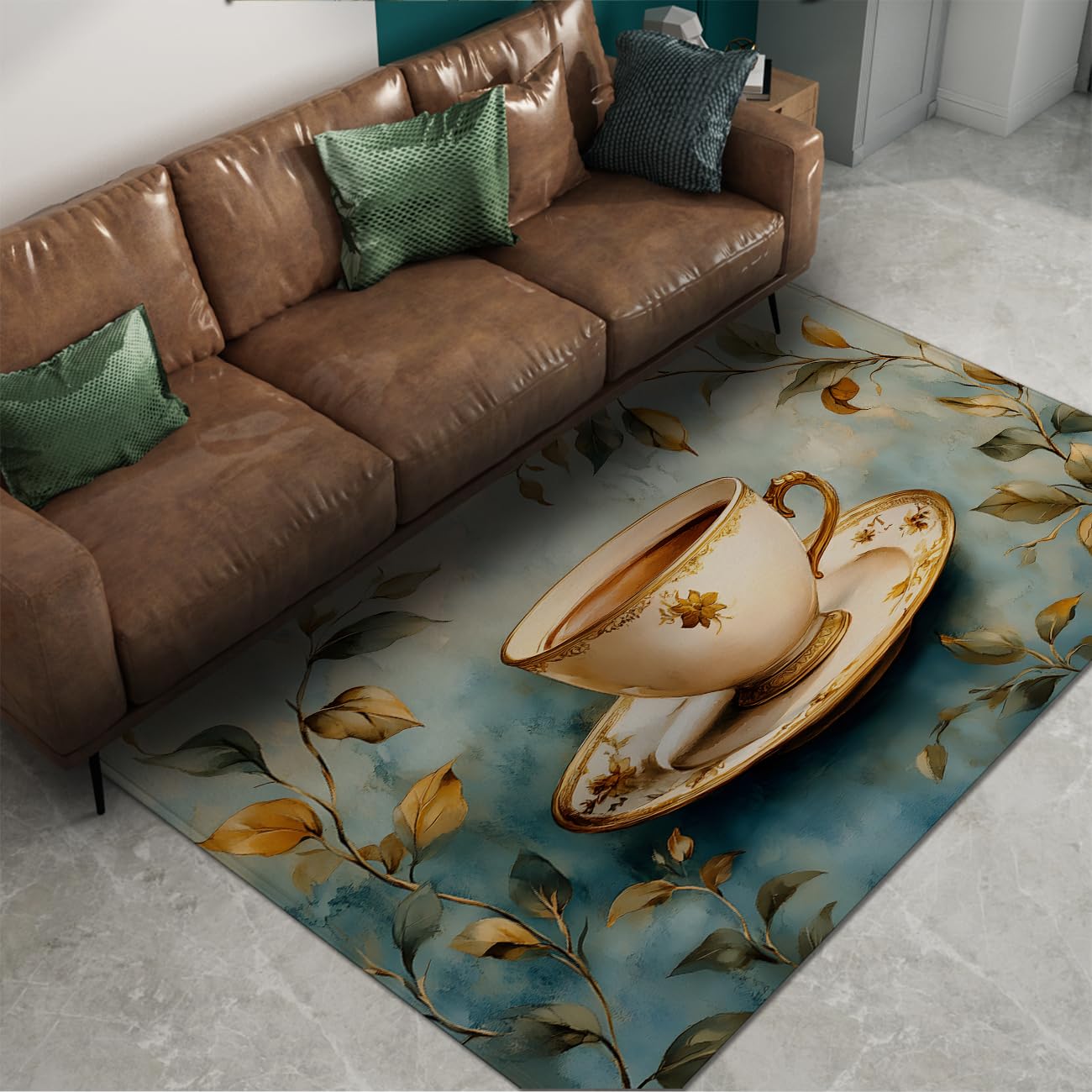Klasyczny dywan z nadrukiem liści roślin, obrus wewnętrzny z niskim runem na sofę, do jadalni, kuchni, elegancka atmosfera, wystrój mieszkania 100 x 150 cm