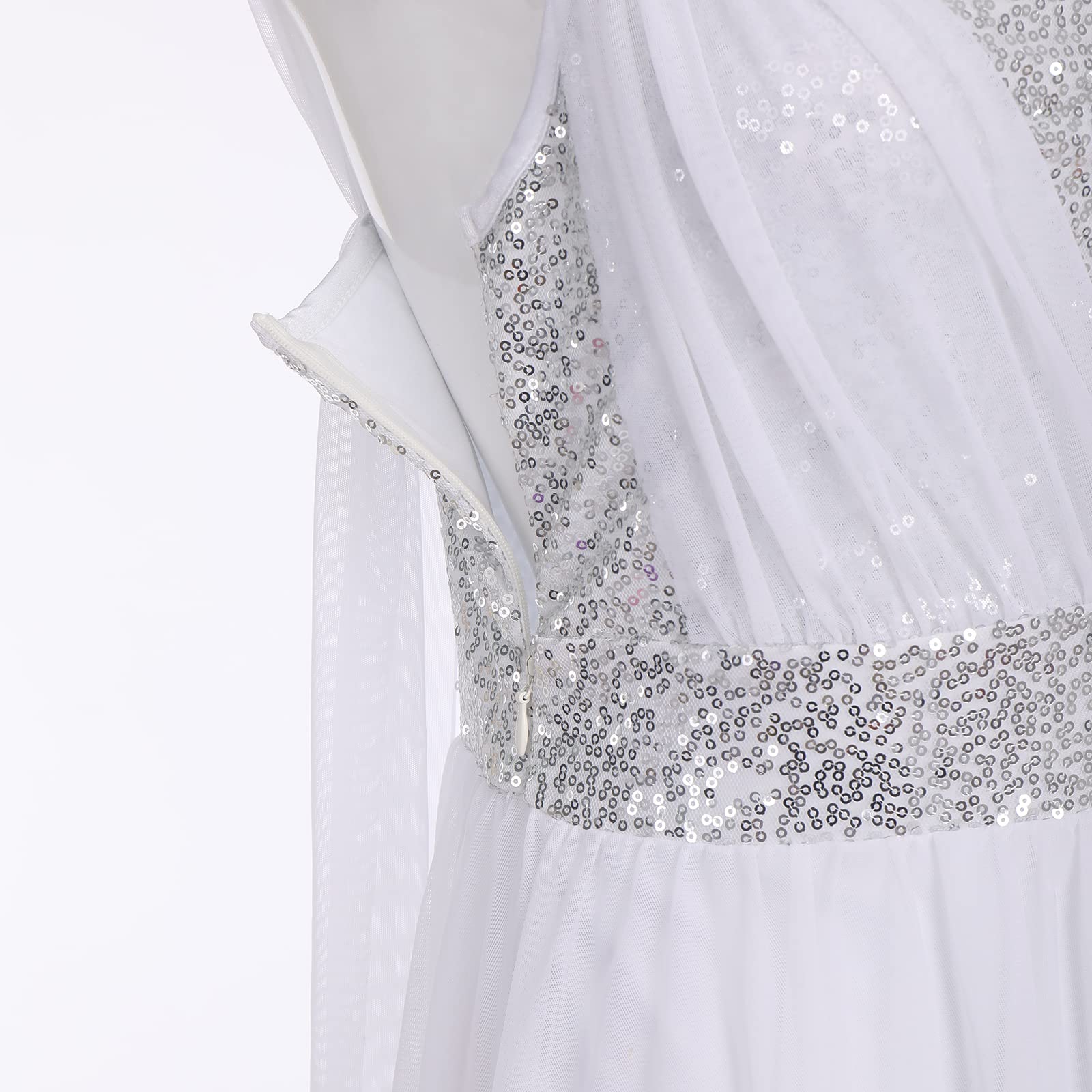 OBEEII Femmes Élégante Robe de Danse Lyrique sans Manches Fronde Paillettes Justaucorps Jupe Performance Costume Ballet Fluide Longue Robe en Mousseline de Soie