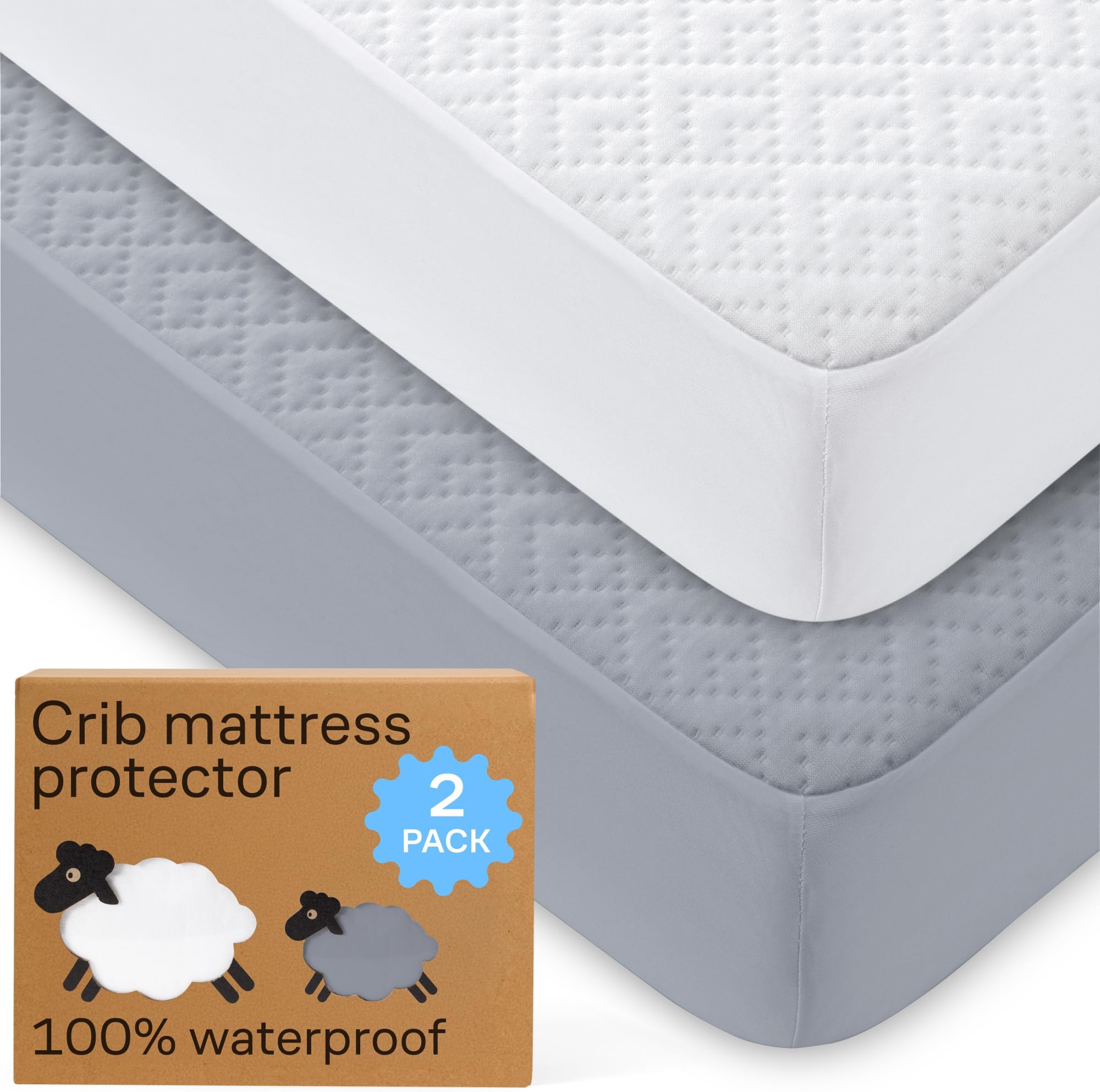 Niagara Crib 2 Pack 100% Waterproof Mattress Protector, Soft Breathable Crib Mattress Protector with Deep Pocket, Mattress Pad for Toddler and Baby (52x28, White, Gray) - Viscose Made from Bamboo