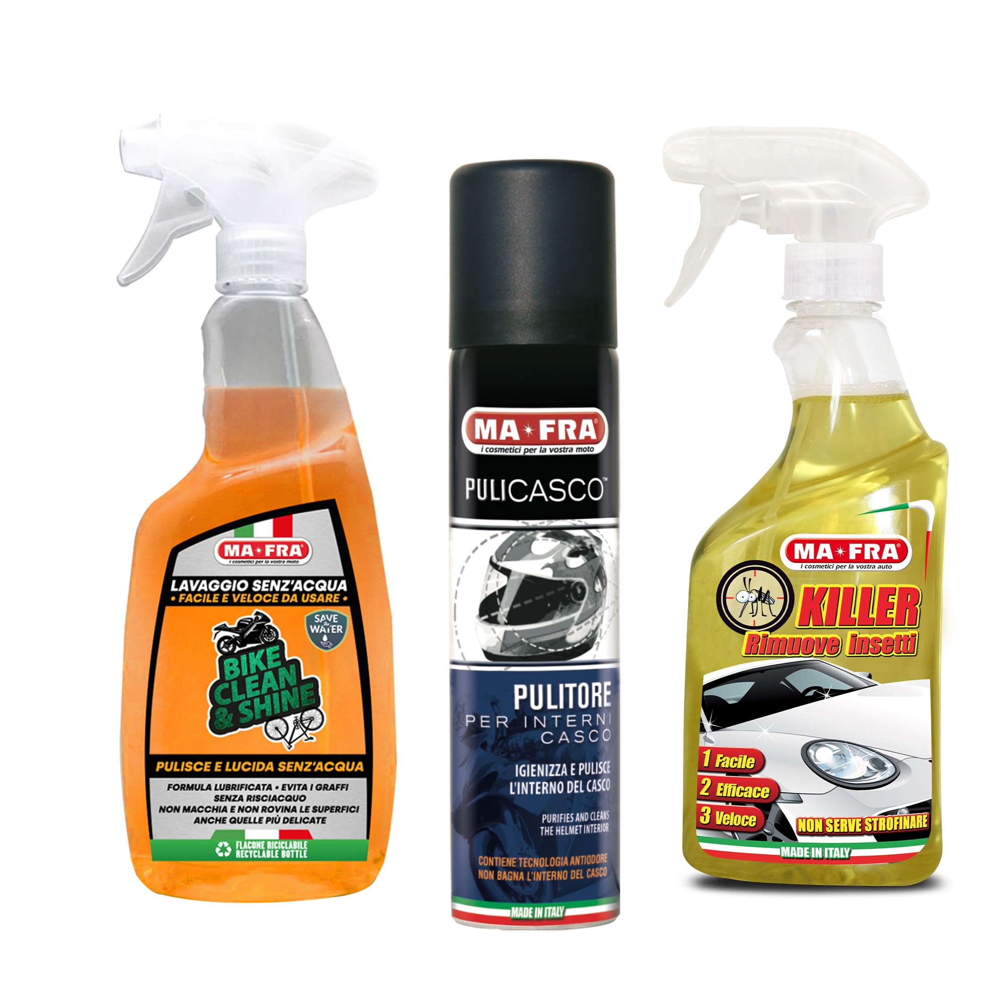 Ma-Fra Kit Casco e Due Ruote, Pulicasco 75 ml + Killer Insetti 500 ml + Bike Clean And Shine 750 ml, Igienizza Interno Casco, Rimuove Insetti, Lavaggio Waterless Rapido e Sicuro
