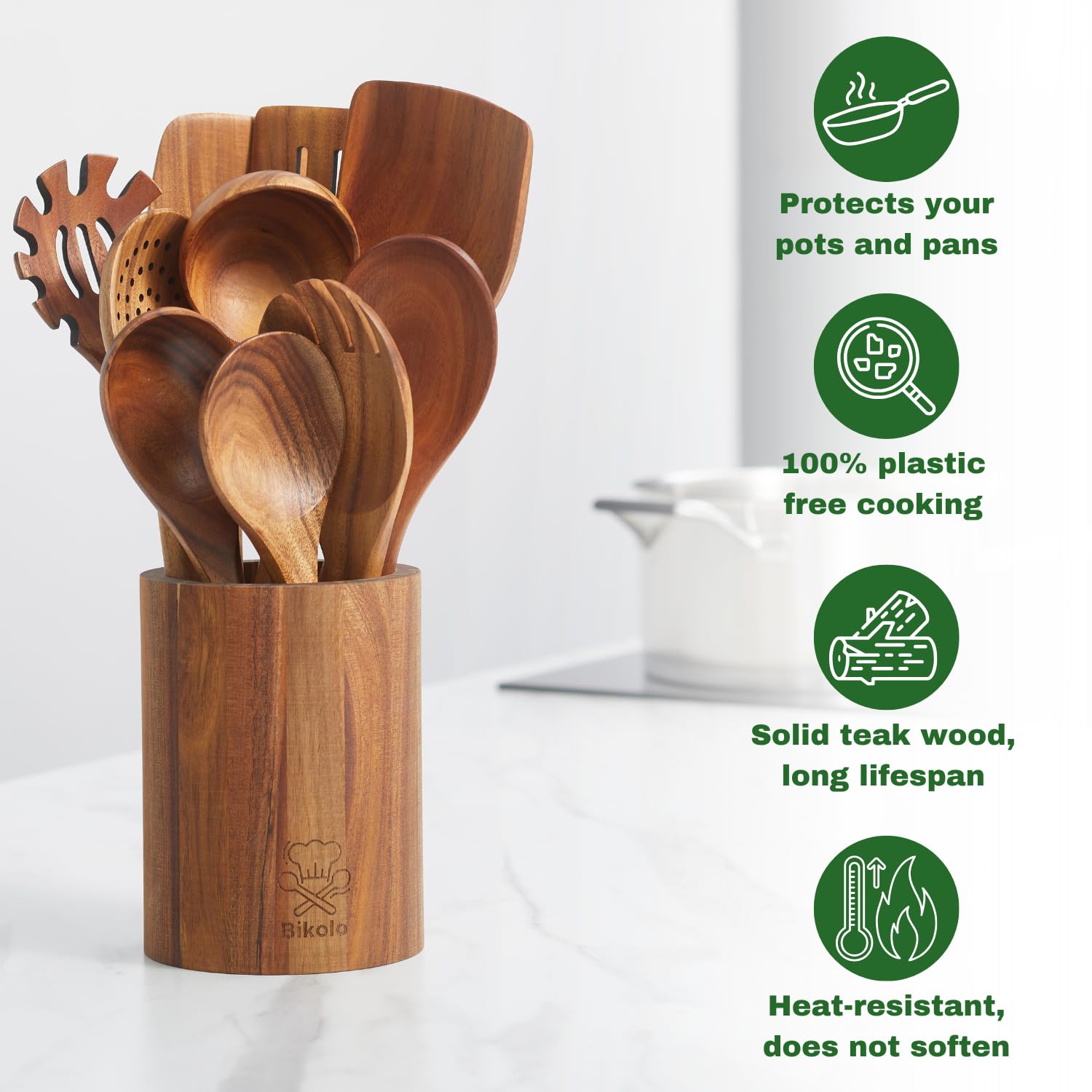 Holz Küchenutensilien Set 10-teilig + Küchenutensilienhalter - Holzspachtel - Holzlöffel - Küchenset - Spachtelset - Holzschöpfkelle - Kochgeschirr Set - Spachteltopf - Kratzfrei