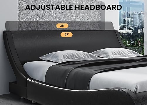 Miniatura 6 de SHA CERLIN Moderna base de cama de perfil bajo tamaño matrimonial, elegante cama tapizada de piel sintética con cabecera ajustable, no necesita