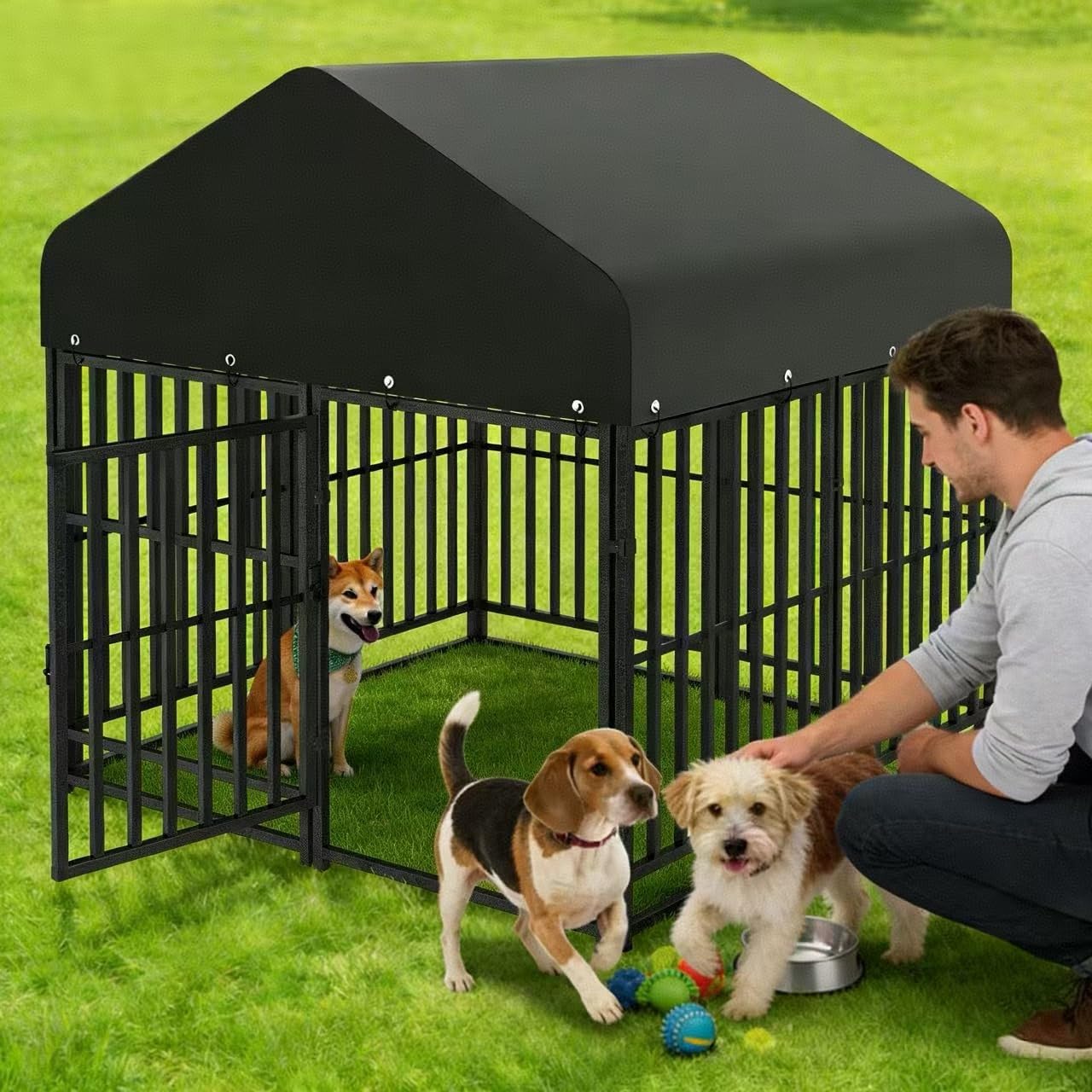 Small Dog Kennel Outdoor with Double Safety Locks 49''x47''x51'' Heavy Duty Welded Wire Steel Pet Pen Dog Enclosure with UV-Resistant Waterproof Roof