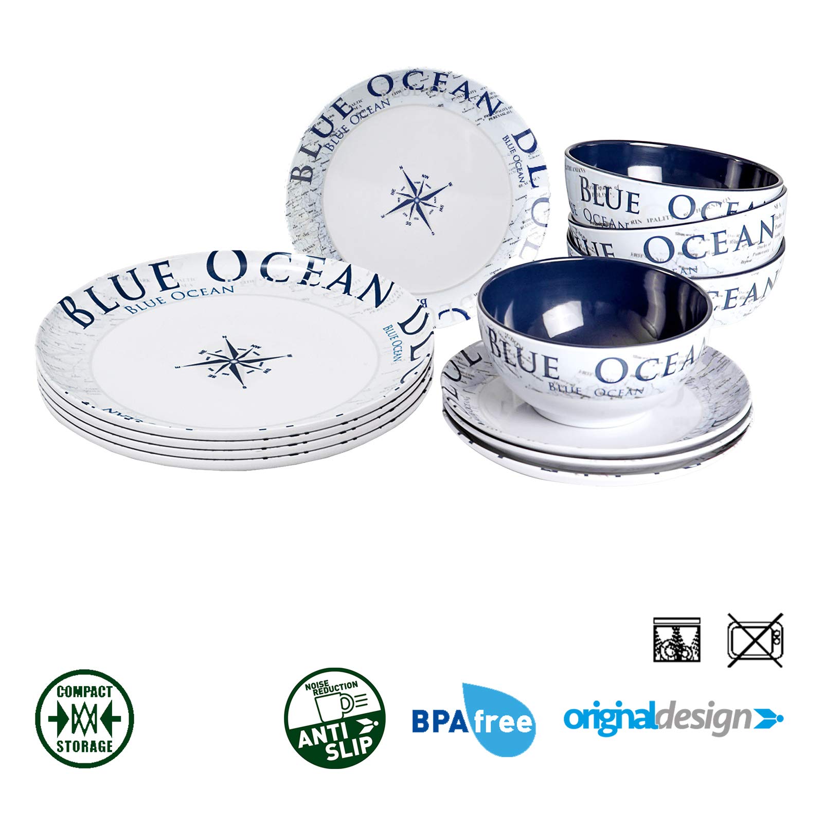 BRUNNER Melamin-Geschirr Campinggeschirr (12 Teilig) BLUE OCEAN MIDDAY | Antislip (Antirutsch), 4 Personen, Leicht, Bruchfest, Teller & Schüsseln, Wohnmobil Wohnwagen & Boot & Grill + Picknick
