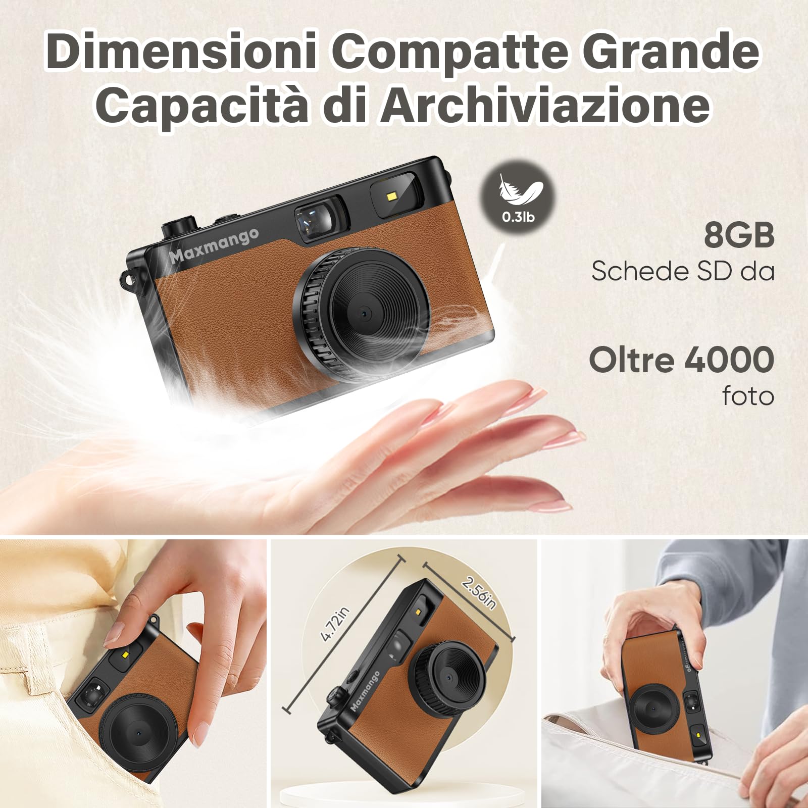 Maxmango D53 Fotocamera Digitale Compatta Senza Schermo, Fotocamera Vintage Retro 12 MP Catturare Momenti Reali, Filtri DIY Scaricabili, USB-C, Scheda SD da 8 GB Inclusa, Fino a 4000 Foto (Marrone)