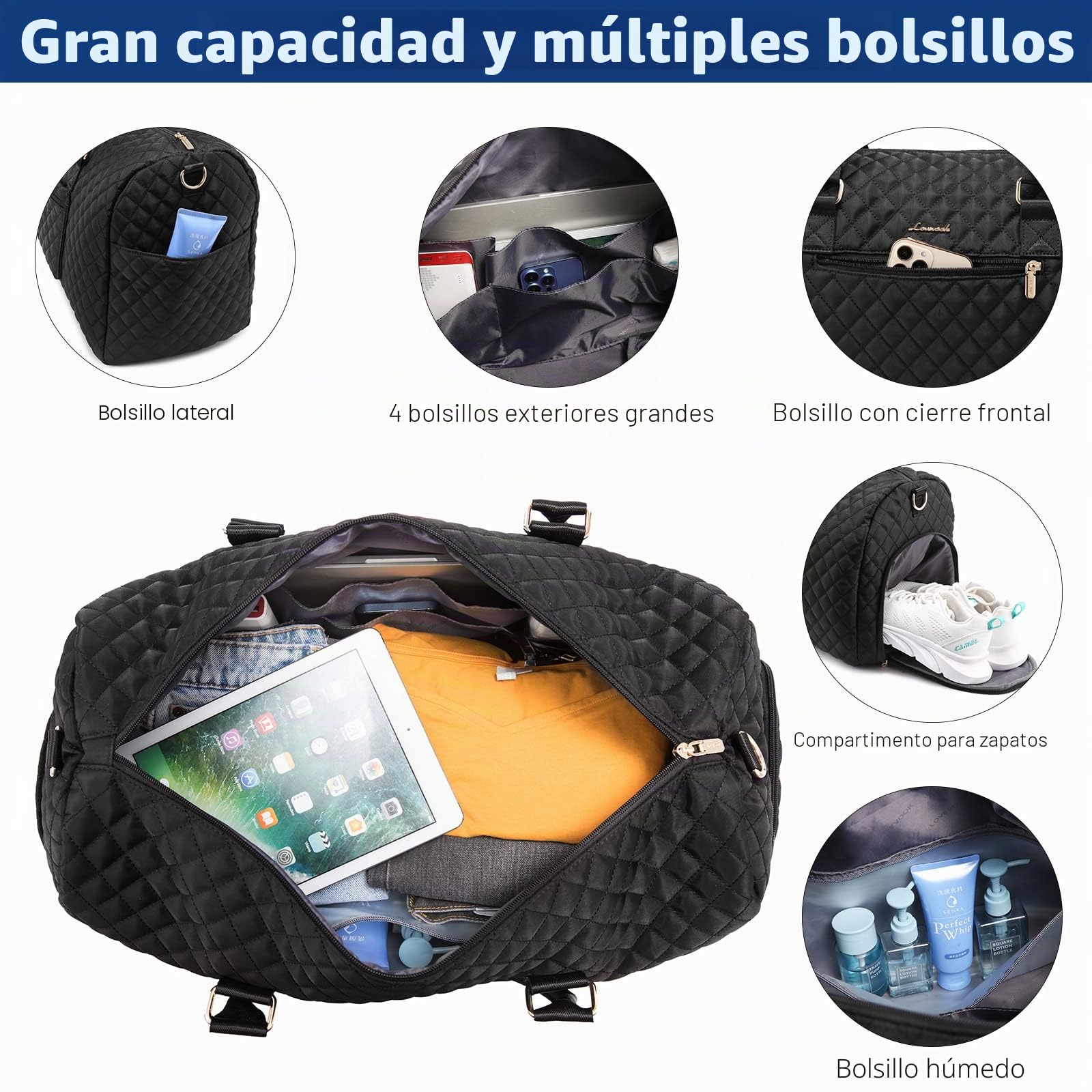 LOVEVOOK Gran bolsa de Viaje Mujer, Macuto de Deporte con Compartimento para Calzado, Travel Bag Fin de Semana, Impermeable Bolso Maternidad, Maleta Bebe Hospital, Garment Duffel Bag Negro