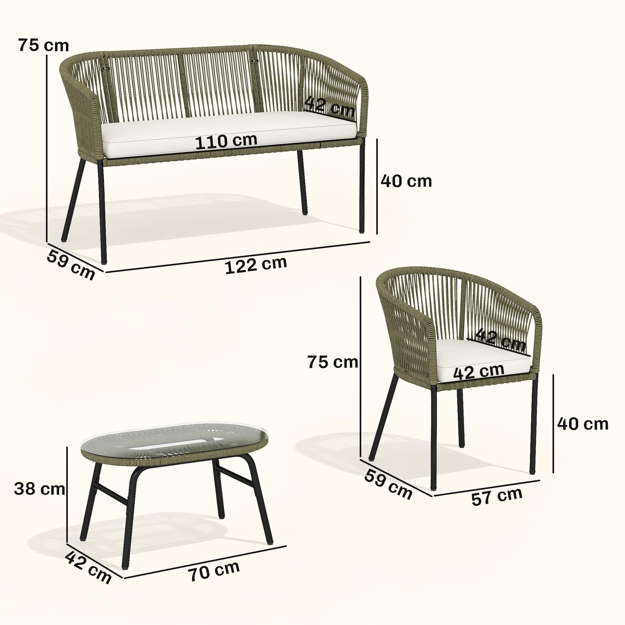 Outsunny Salon de Jardin Extérieur 4 Places PP Rond Tressé Balcon Crème | Canapé 2 Places, 2 Fauteuils, Table Basse Verre Trempé, Mobilier de Jardin Terrasse, Coussins Déhoussables