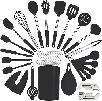 Silicone Kitchen Cooking Utensils Set with Stainless Steel Handle, Spatula Set Utensil Set, Cooking Utensil Set,Kitchen Tools Gadgets for Nonstick Cookware 35, Black