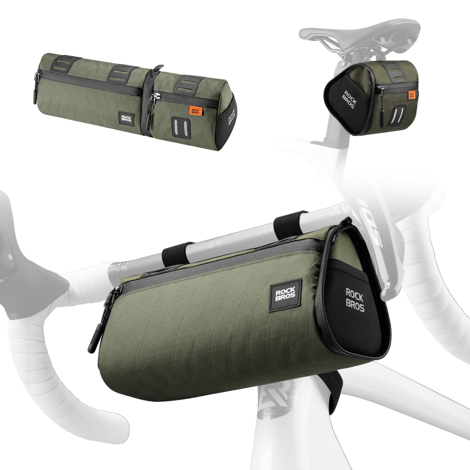 ROCKBROS Borsa da Bicicletta Multifunzionale Combinata 2 in 1, Borsa da Bici per Manubrio 1,3L e Posteriore 0,7L Idrorepellente, con Tracolla per MTB, Gravel, Bici da Strada, Ebike, Verde Militare