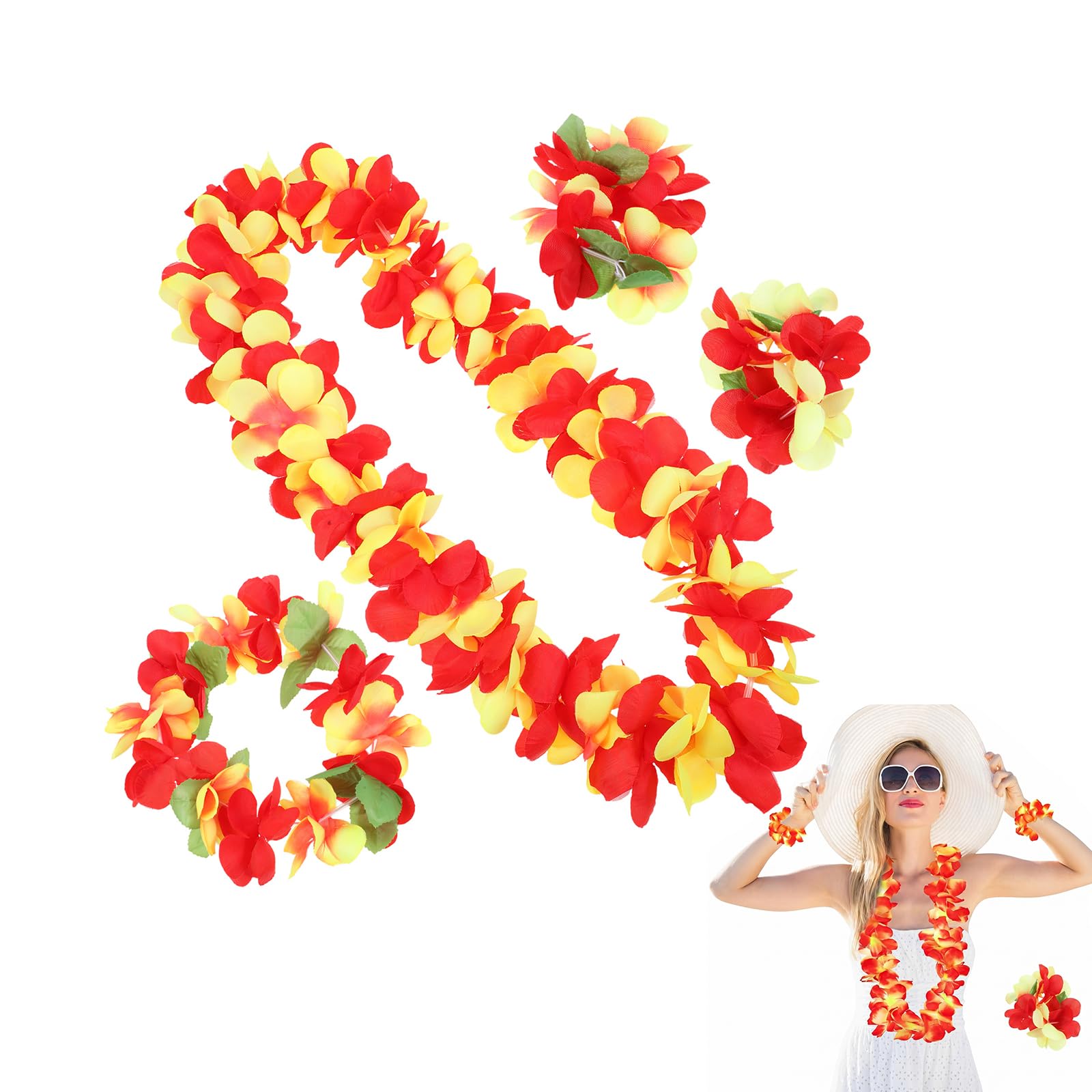 Healeved Hawaiian Leis Set Four-Piece Multi-Color Party Hawaiian Garland Necklace Headband Bracelets for Luau Beach Holiday Decorations