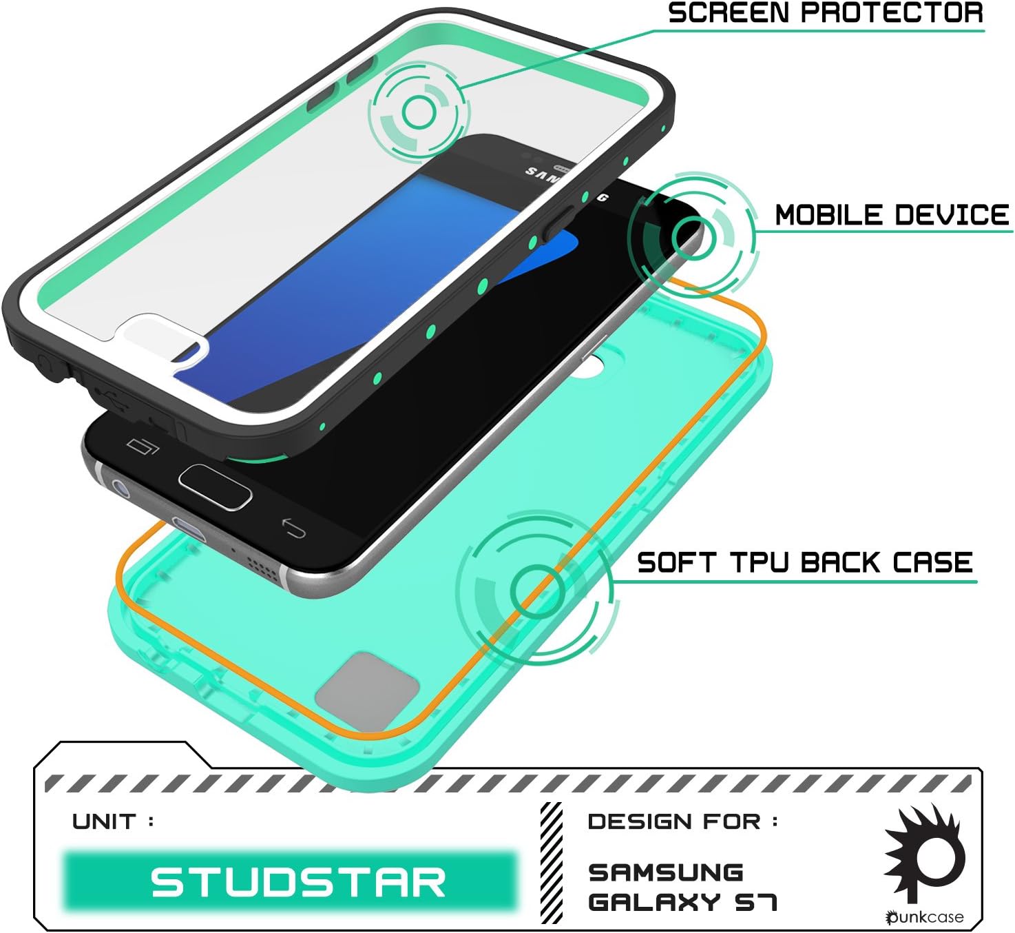 PunkCase S7 Waterproof Case [StudStar Series] [Slim Fit] [IP68 Certified] [Shockproof] [Dirtproof] [Snowproof] Armor Cover Compatible W/Samsung Galaxy S7 [Teal]