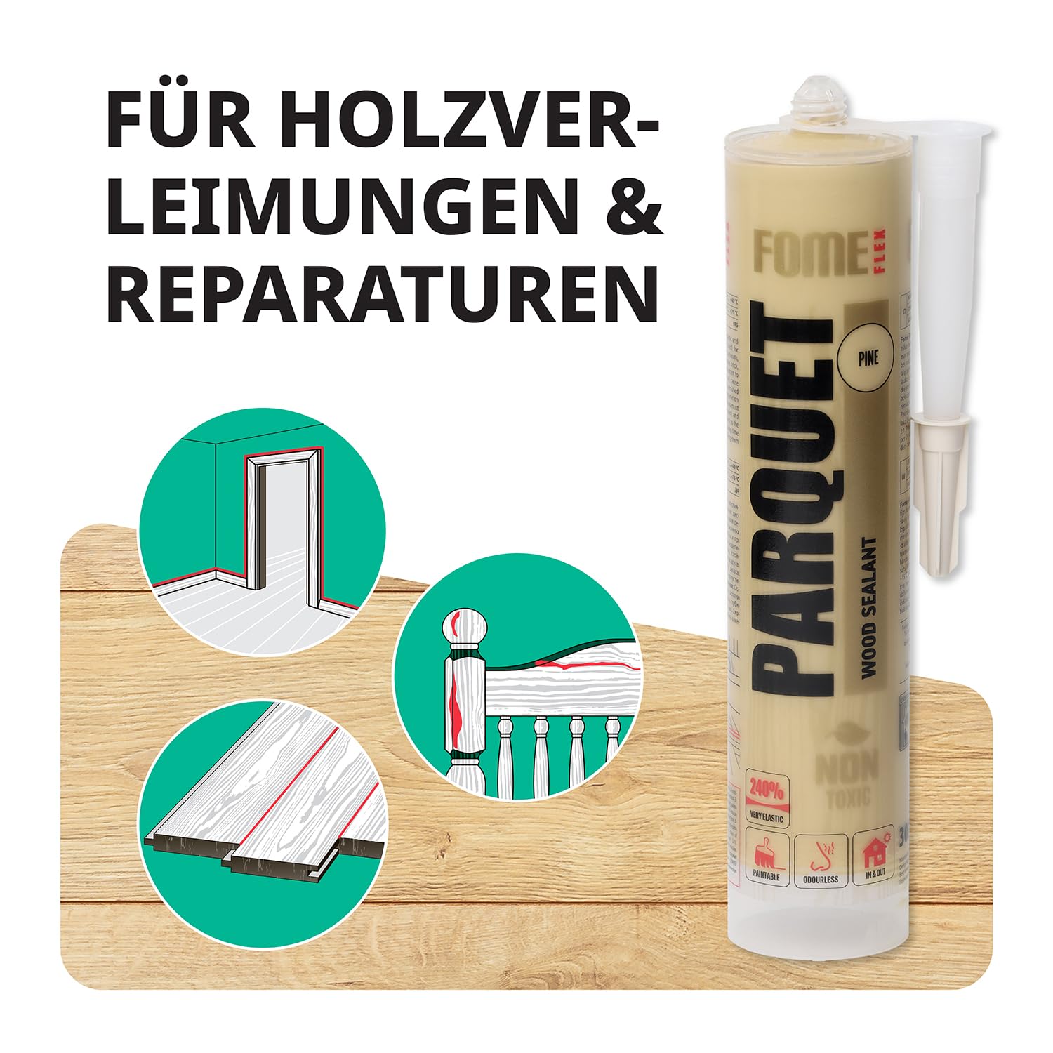 3x Parkett-Fugenfüller Kiefer + Kartuschenpistole – Acryl Dichtstoff für Holz, Parkett und Laminat, überstreichbar mit 2000N Pistole