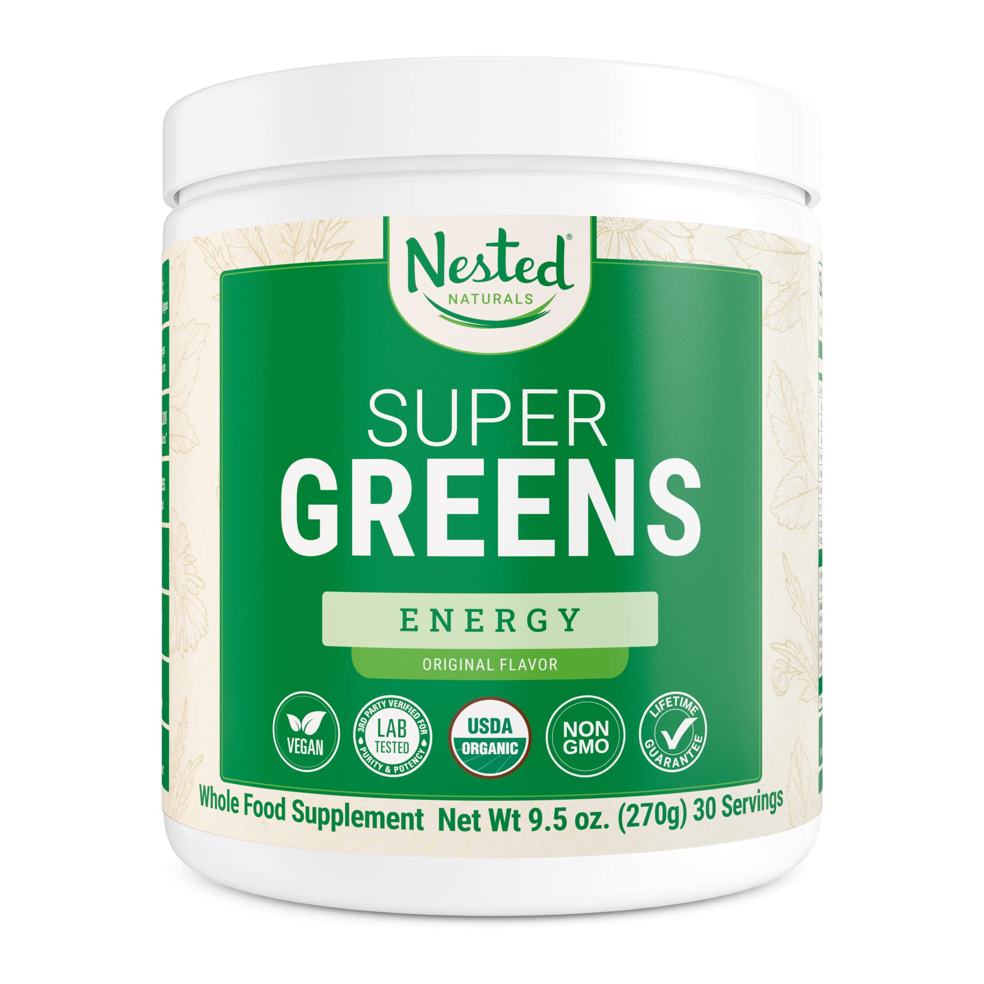 Nested Naturals Super Cordyceps, Energy, 1000 mg Cordyceps Mushrooms Plus 20+ Whole Foods Greens Powder (Spirulina, Wheat Grass, Chlorella), 100% USDA Organic Non-GMO Vegan Supplement, 30 Servings