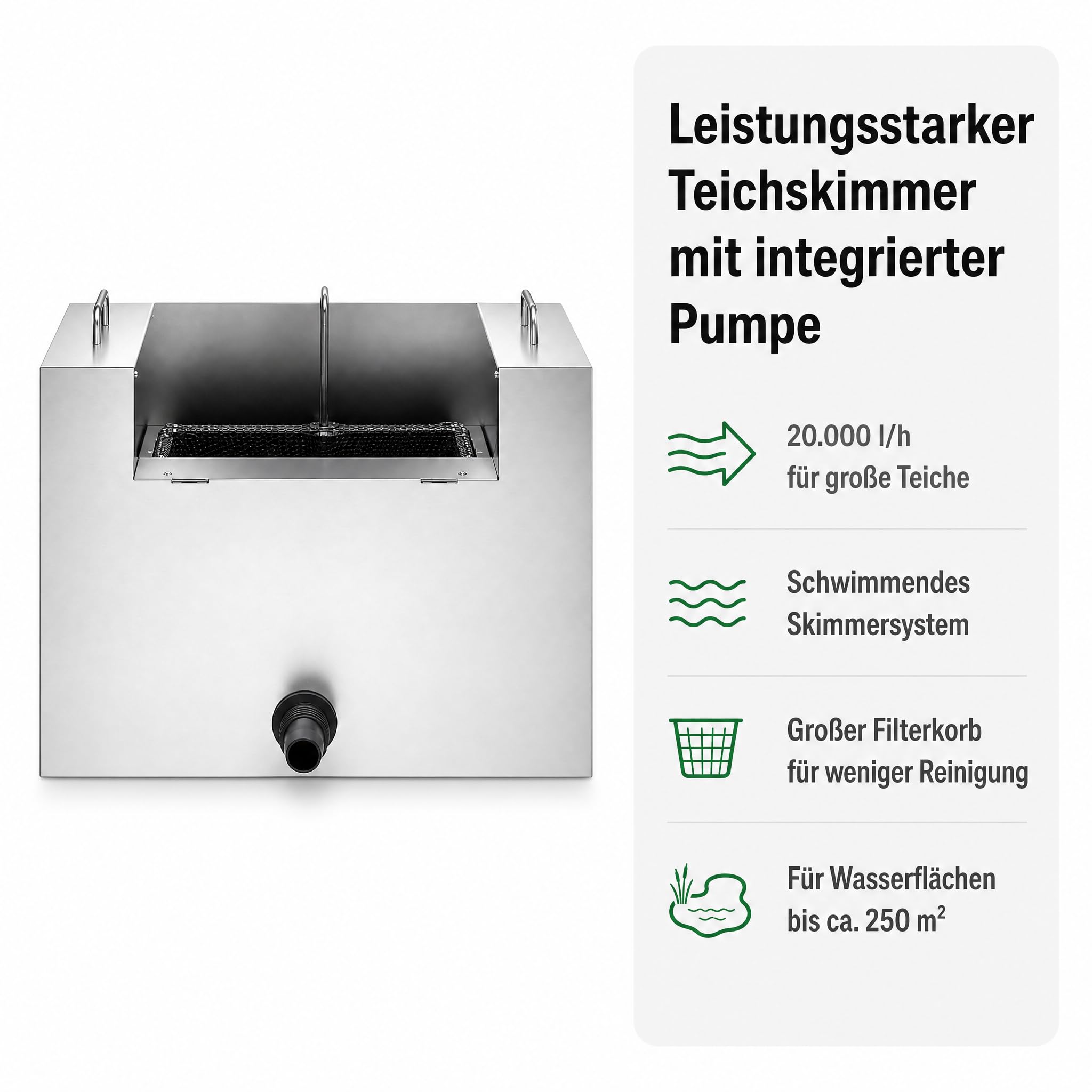 AquaOne Teichskimmer CSP-16000, schwimmender Oberflächenskimmer für Teiche & Koiteiche, integrierte 20.000 l/h Pumpe, großer 20–22 l Filterkorb, Edelstahlgehäuse