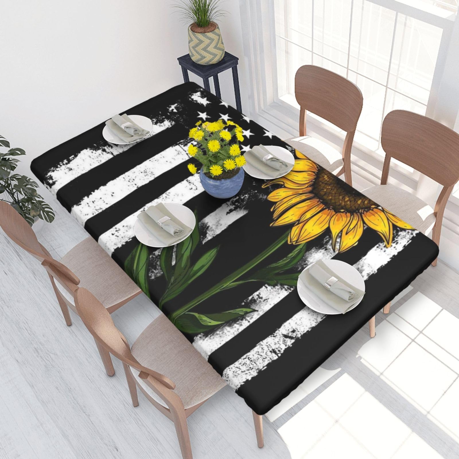 BNVSADC Sunflower And American Flag Printed 4FT Tablecloth 122x76 CM Polyester Kitchen Water Resistant Table Cloth Dining Table Decoration Table Covers