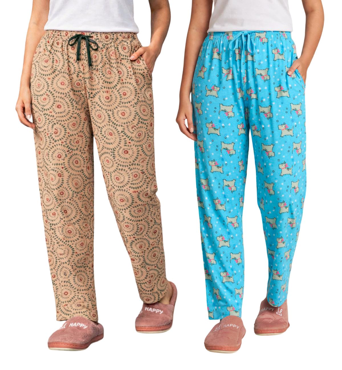 Women’s Printed Cotton Pyjama Pants Pack of 2 | Soft Comfortable Night Wear Pajama Bottoms for Women (BEIGE-BLUE, M)-image-12
