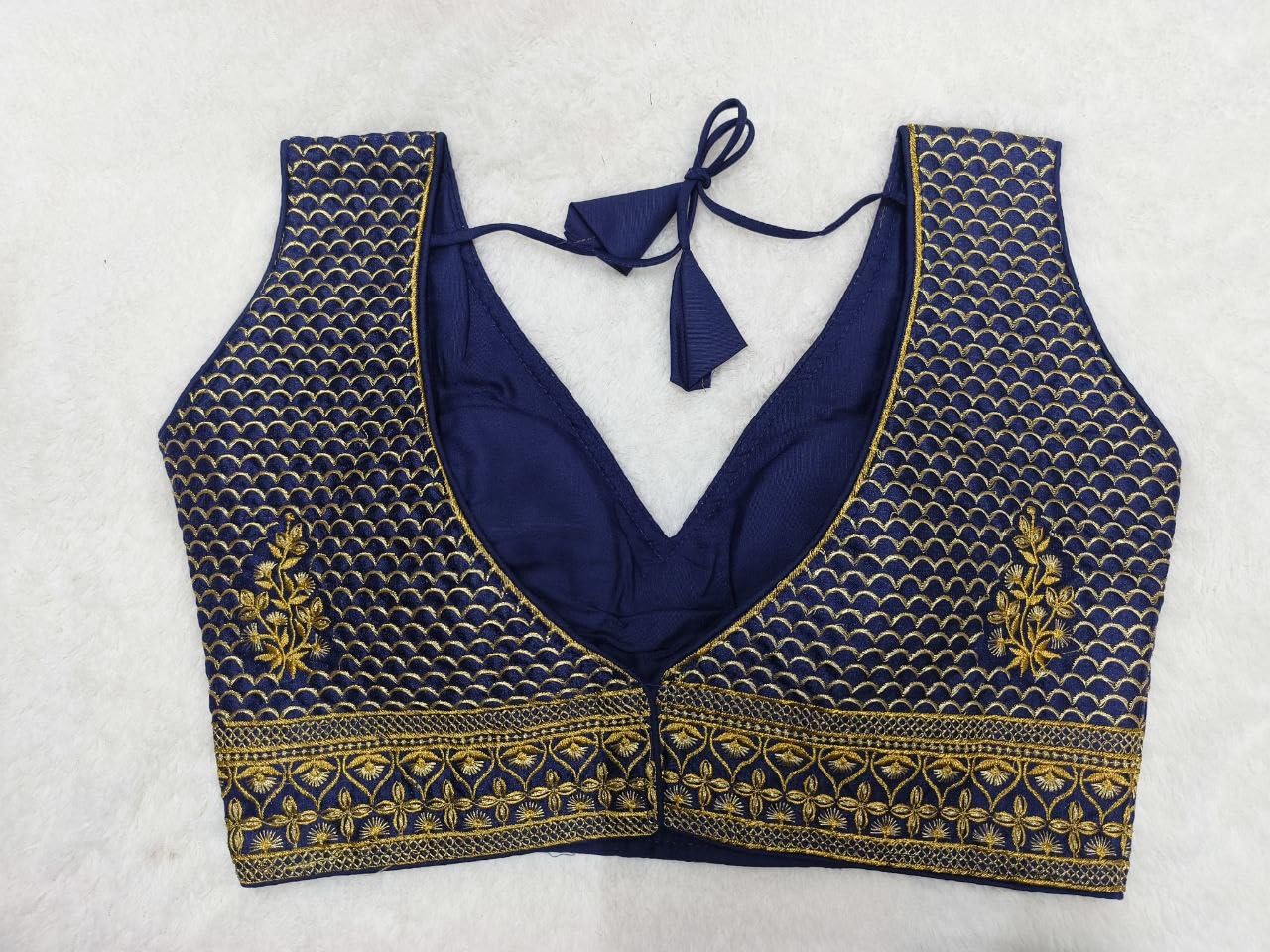 Pujia Mills Women's Sequin Embroidered V Neck Sleeveless Readymade Saree Blouse Indian Ethnic Designer Stitched Women's Readymade Saree Blouse Sleeveless Blouse Readymade Navy Blue Blouse For Women