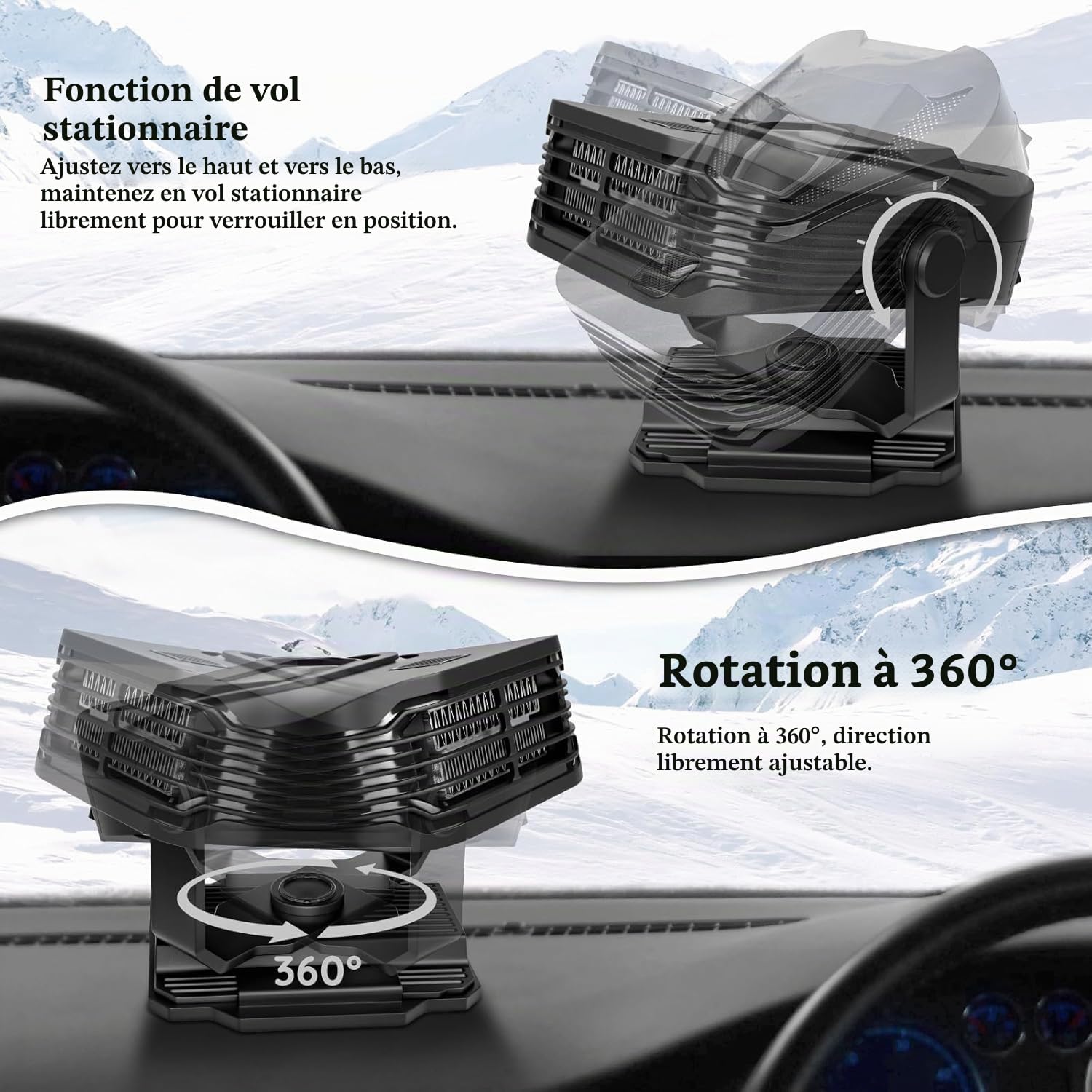 Chauffage de voiture, 2 en 1 Chauffage et refroidissement rapide avec dégivrage et désembuage, support à aspiration à rotation 360°, prise allume-cigare pour tous les pare-brise de voiture