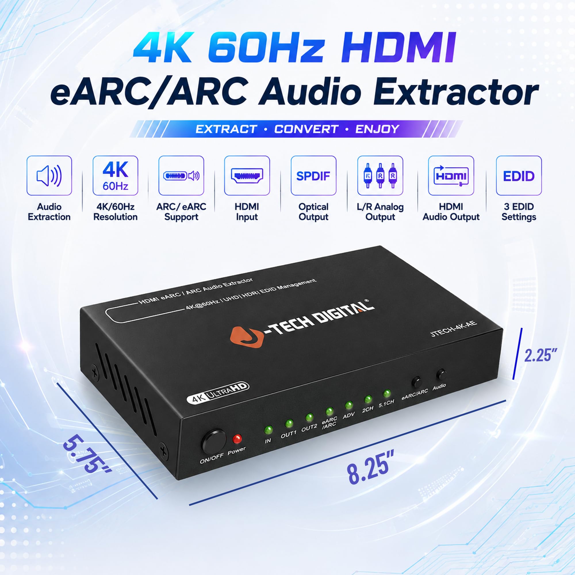J-Tech Digital Extractor de audio HDMI eARC/ARC 4K, 4K 60Hz HDMI a óptico + convertidor RCA L/R, convertidor de audio digital a analógico DAC para consolas de juegos HDTV, portátiles, Blu-Ray [JTECH