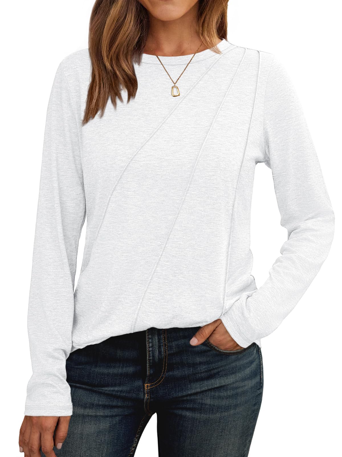 Cuptacc T-Shirt Femme Manches Longues Dentelle Élégant Col Rond Plis Poitrine Automne 2024-2025 Haut Tendance Confortable