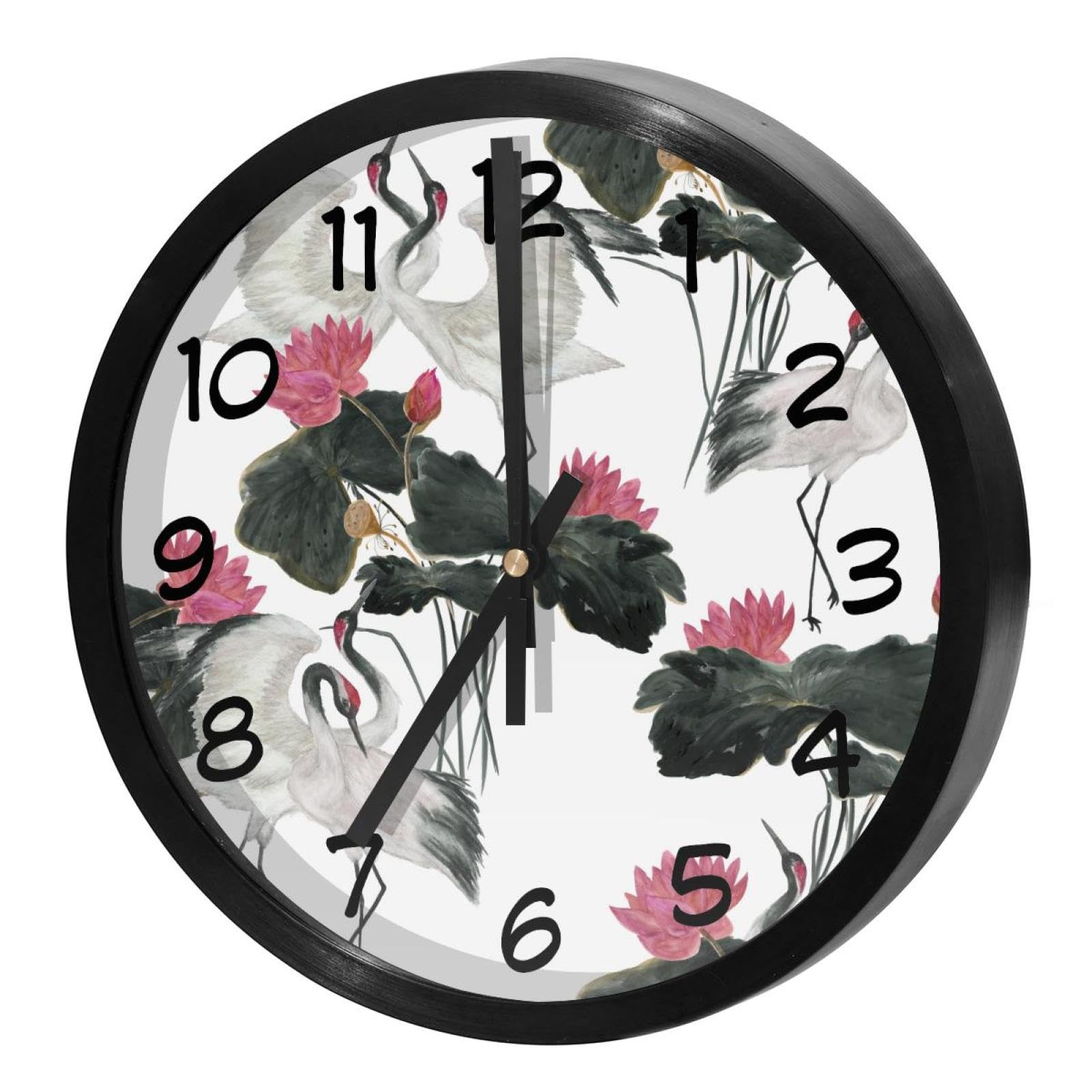 Horloge murale silencieuse à quartz motif grues chinoises et lotus pour salon et bureau