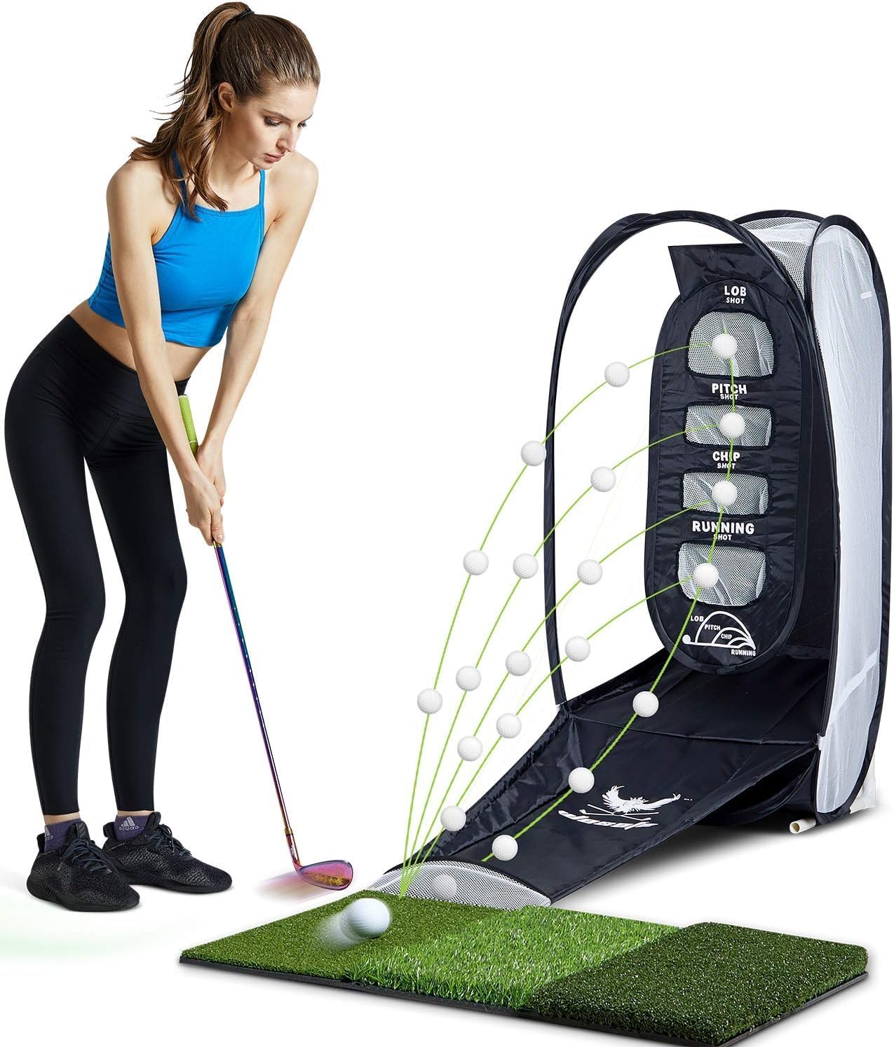 wosofe Golf Practice Hitting Net Indoor Backyard Home Chipping 2 Target Ball Swing Training Aids Golfing Accuracy with Tri-Turf Mat and Carry Bag Great Gifts for Dad Mom Husband Women Kid Golfers
