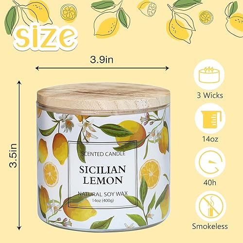 Miniatura 3 de Vela de limón, vela perfumada de limón siciliano, vela grande de 3 mechas, 14 onzas