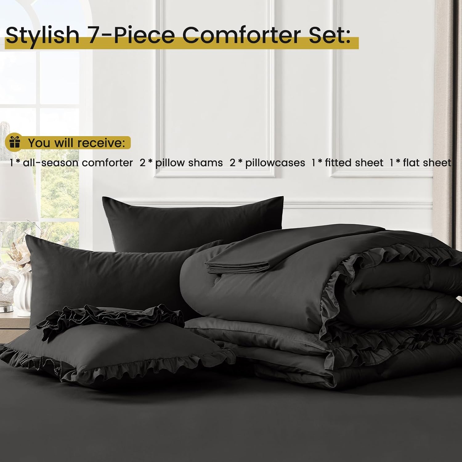 QUIETSEA King Size Bed in a Bag 7 Pieces King Size Comforter Set, Ruffle Shabby Chic Bedding Comforter Set Black Bed Set with Comforter, Pillowcases, Flat Sheet, Fitted Sheet and Pillow Shams - Image 7