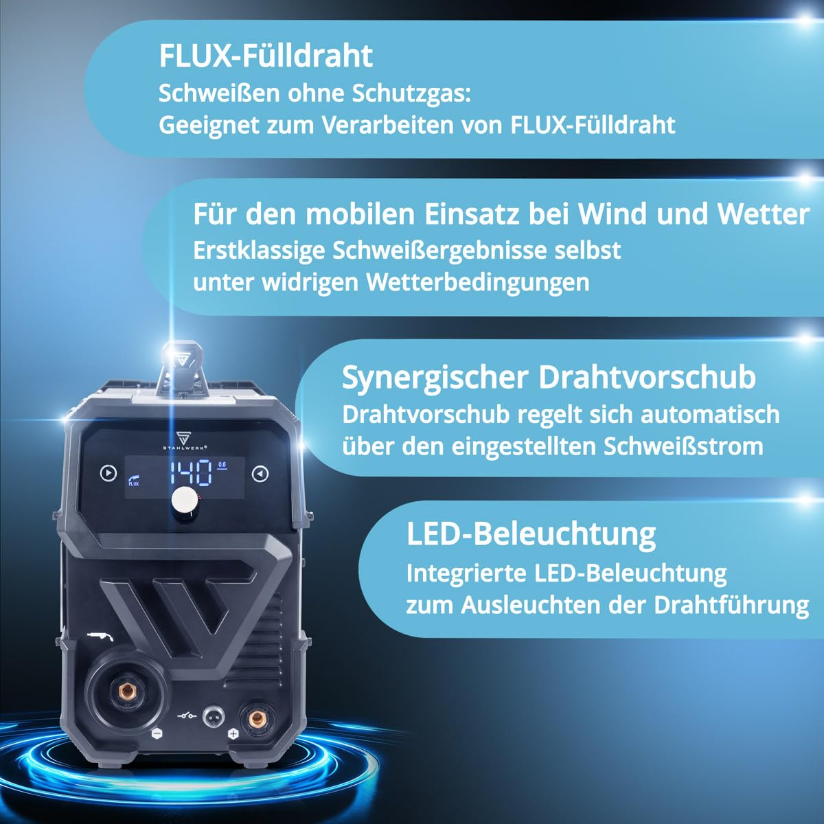STAHLWERK Schweißgerät FLUX 140 ST Digital – Fülldrahtschweißen ohne Schutzgas bis 140 A, kompakt, synergischer Drahtvorschub, integriertes LED-Licht, Lift-TIG- & MMA-Funktion (E-Hand/ARC), IGBT