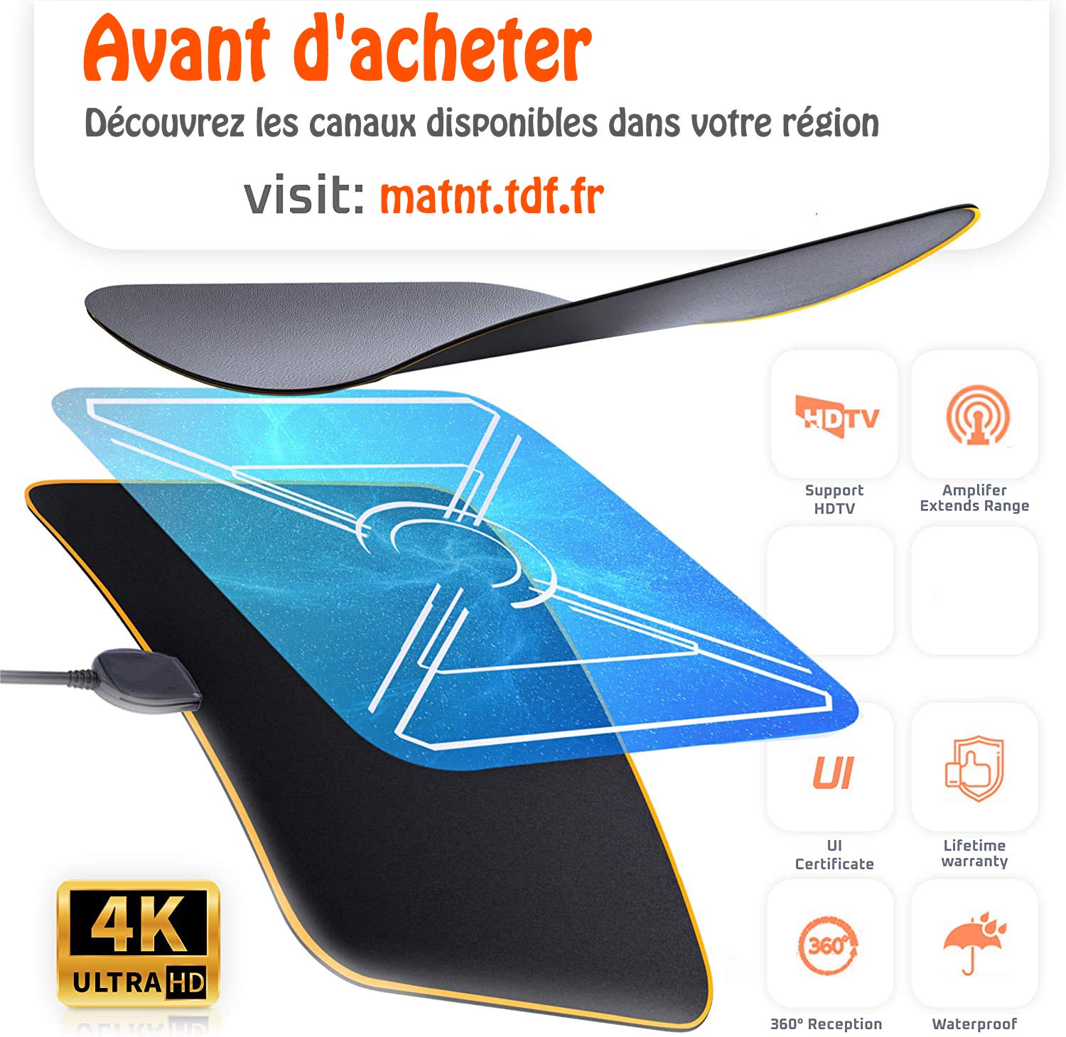 Antenne TV Intérieure 36 DBI Avec Amplificateur | Portée Jusqu'à 200 Km, Compatible TNT HD 4K | Pour VHF/UHF/FM - 7