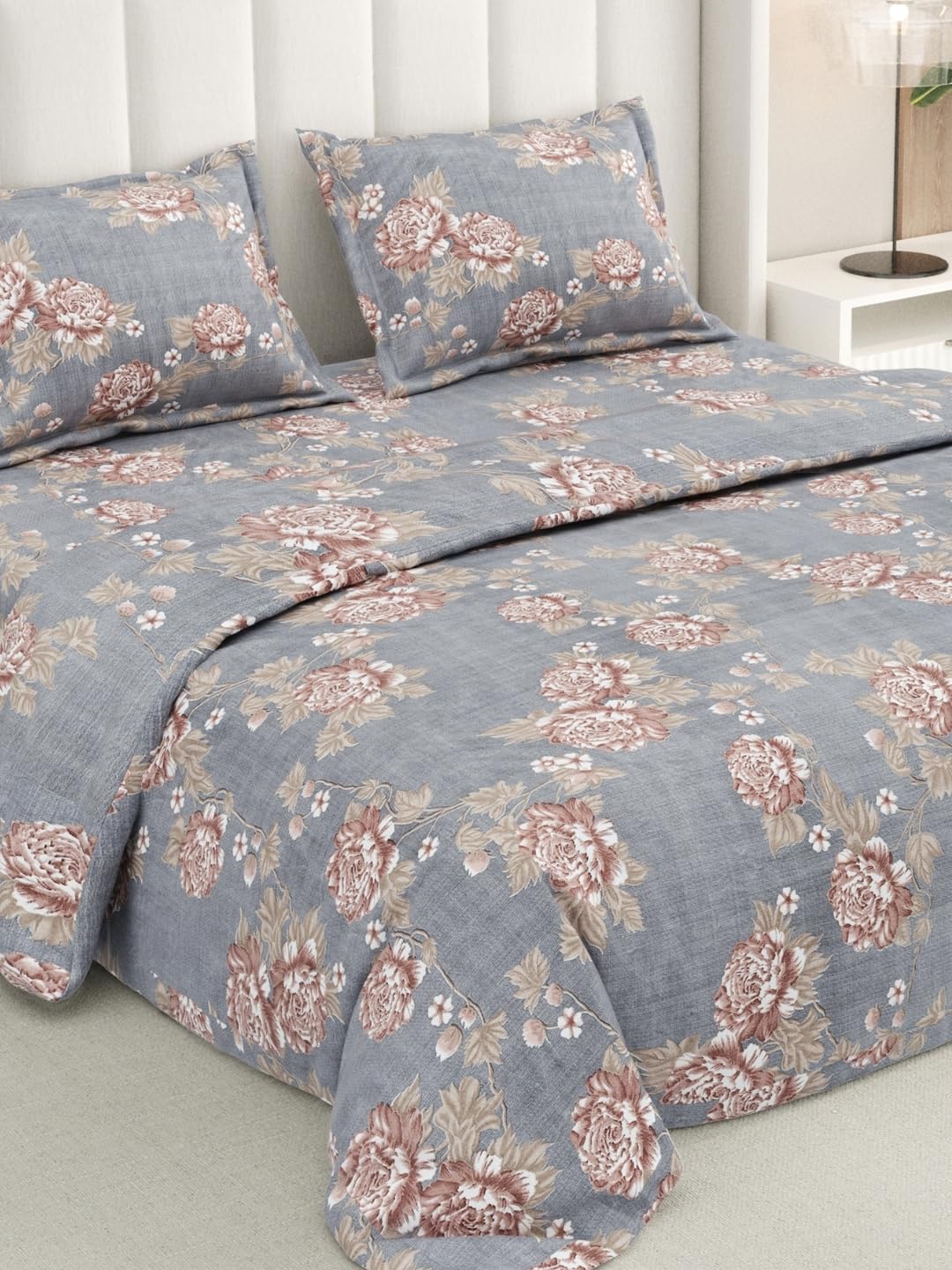 Rivermoor 200 TC Ultrasoft Bedsheet for Double Bed | Queen Size Bed Sheet with 2 Pillow Covers | Grey Floral Print | 88 x 96 Inches | Breathable & Hypoallergenic